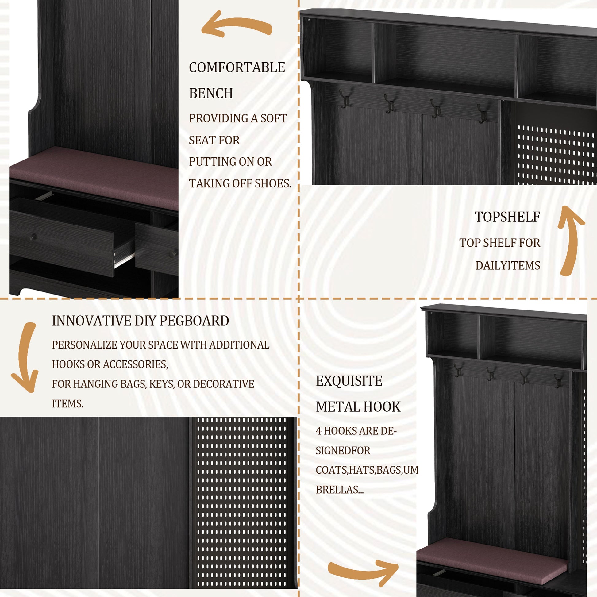 Dark wood entryway bench with storage drawers and cushioned seat