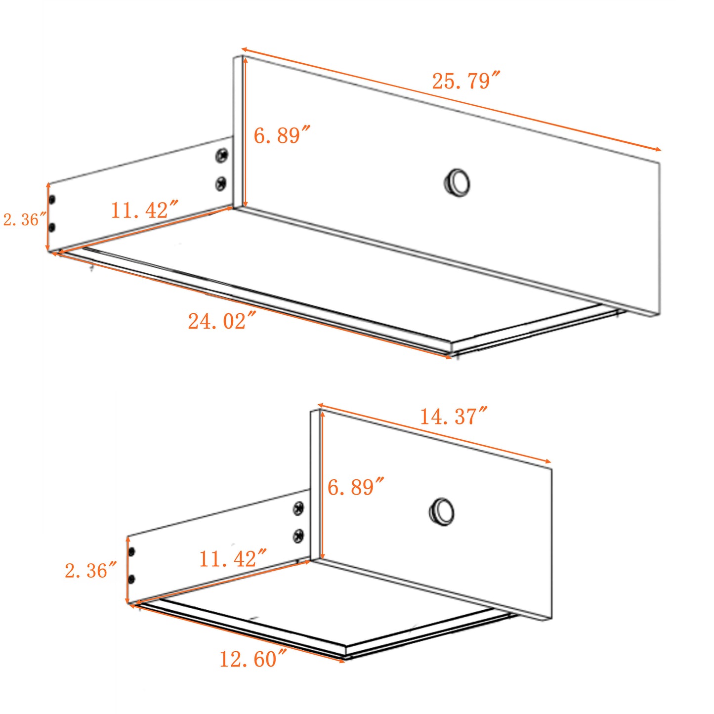 Diagram of a  inch wall shelf with  inch height and  inch depth