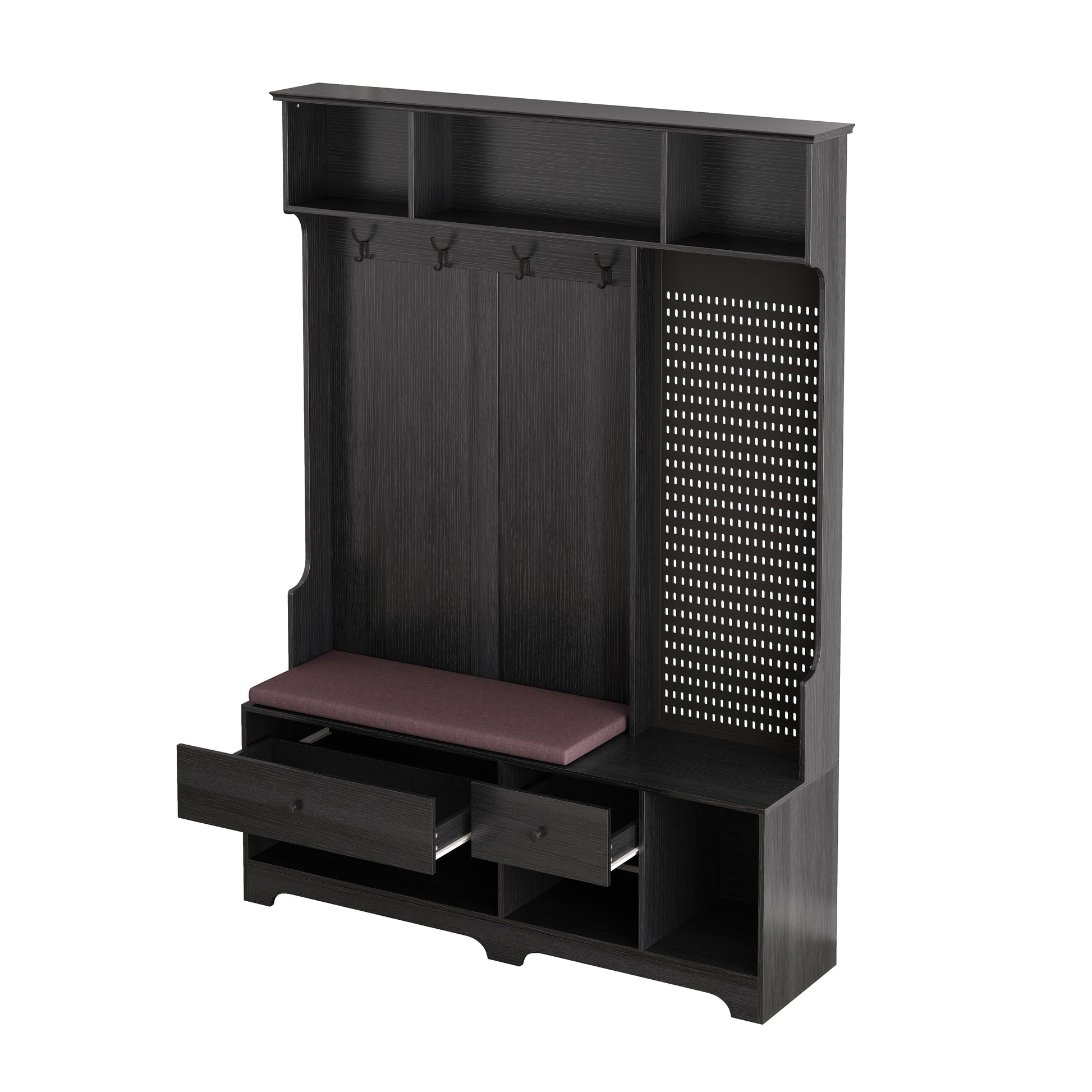 Dark oak hall tree with storage bench and  hooks