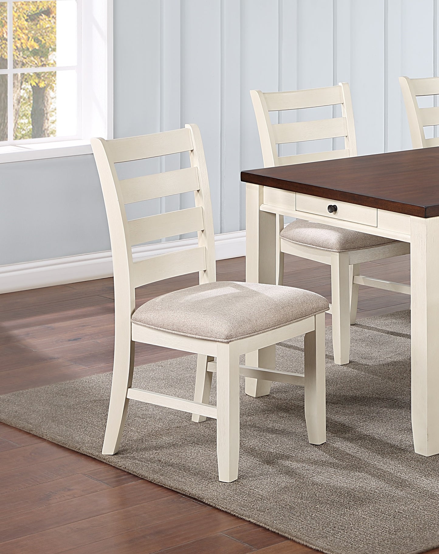 TREATLIFE HOME Set of 2 Classic Dining Chairs with Rubberwood Frame and Beige Fabric Cushions, Contemporary Ladder Back Design, White