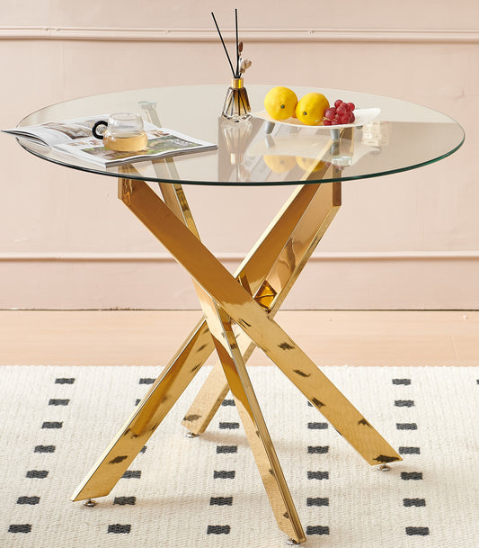 Round glass coffee table with striking gold Xbase