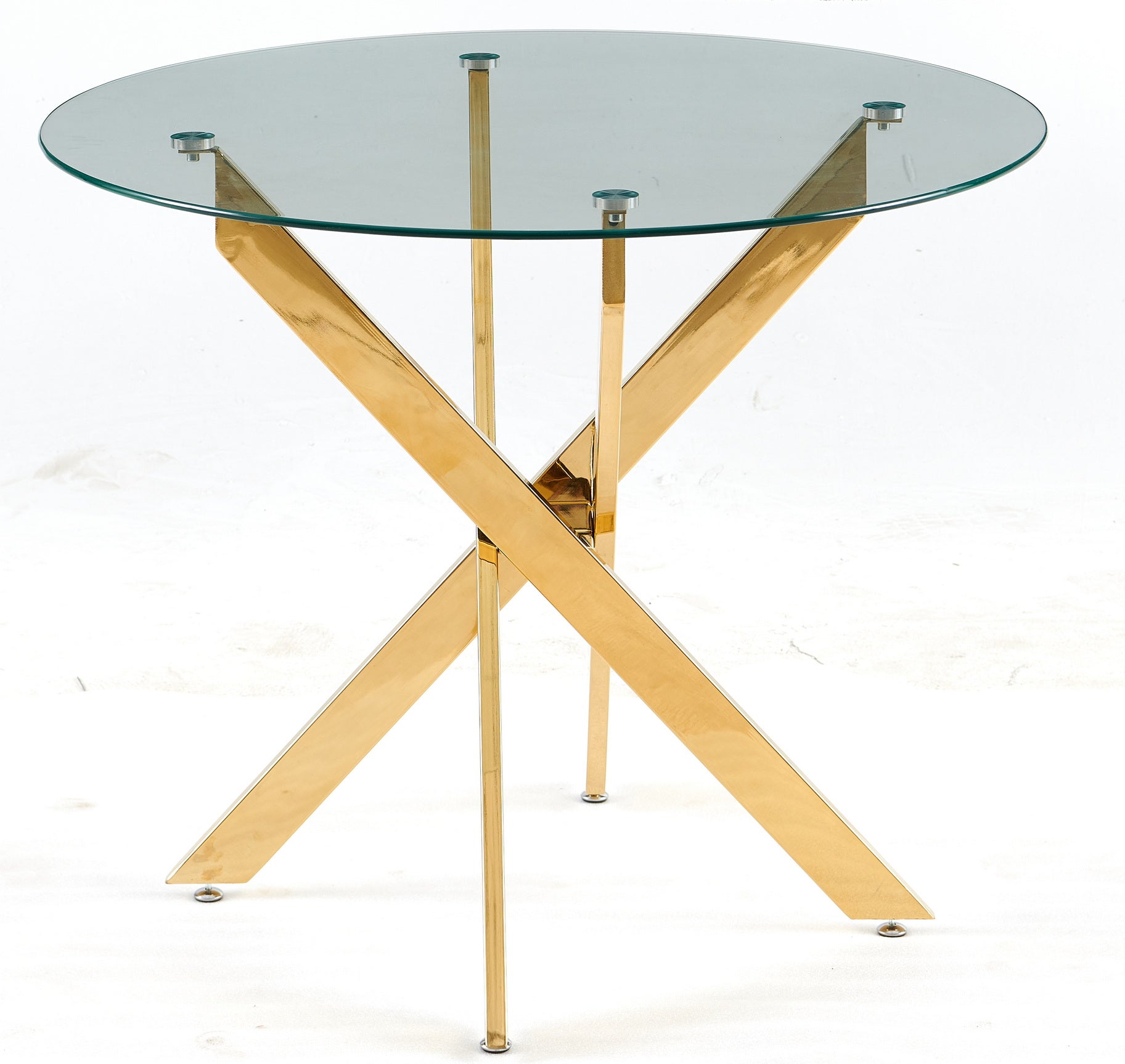 Round glass top dining table with polished gold metal Xbase