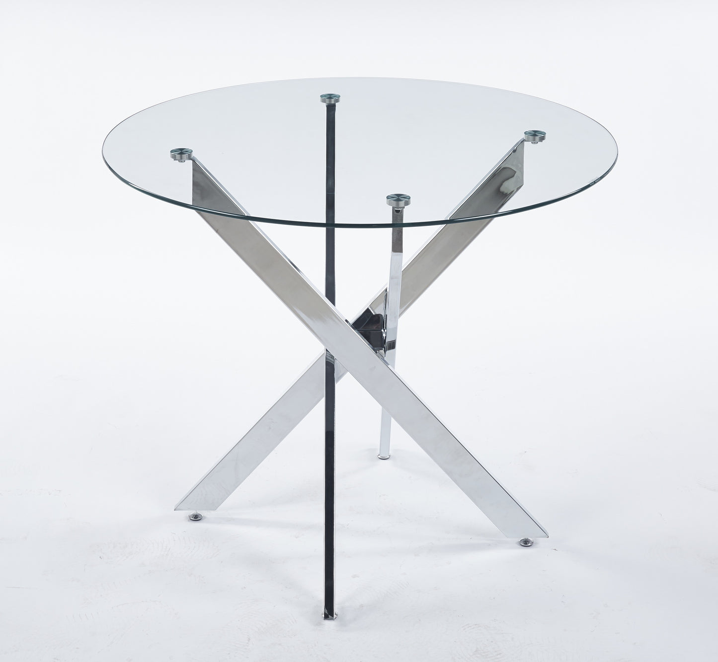 Clear glass round top dining table with polished chrome crisscross base