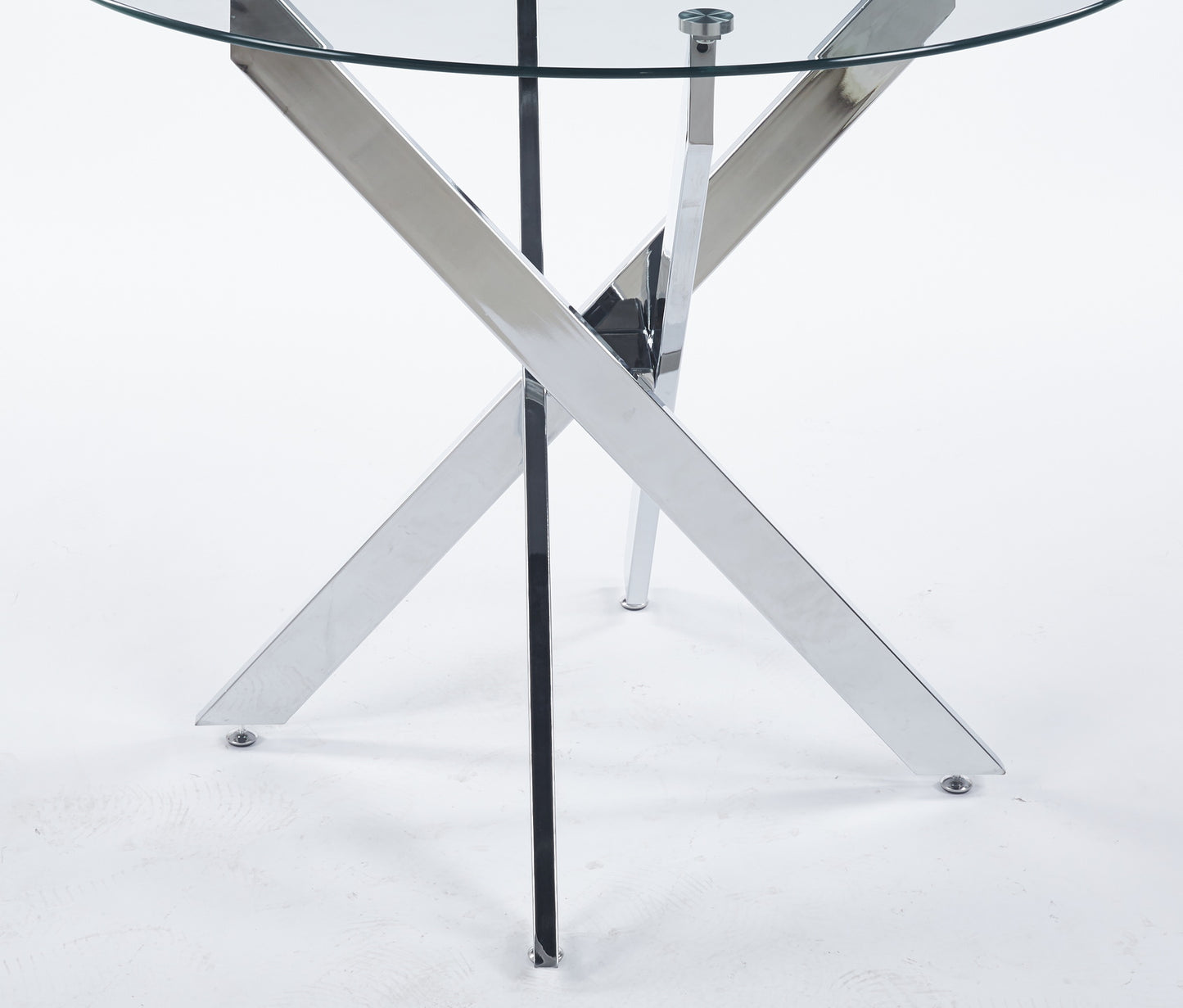 Glass dining table with chrome Xbase legs and polished finish