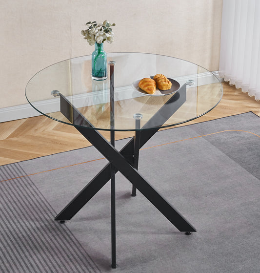 Round glass dining table with black Xbase