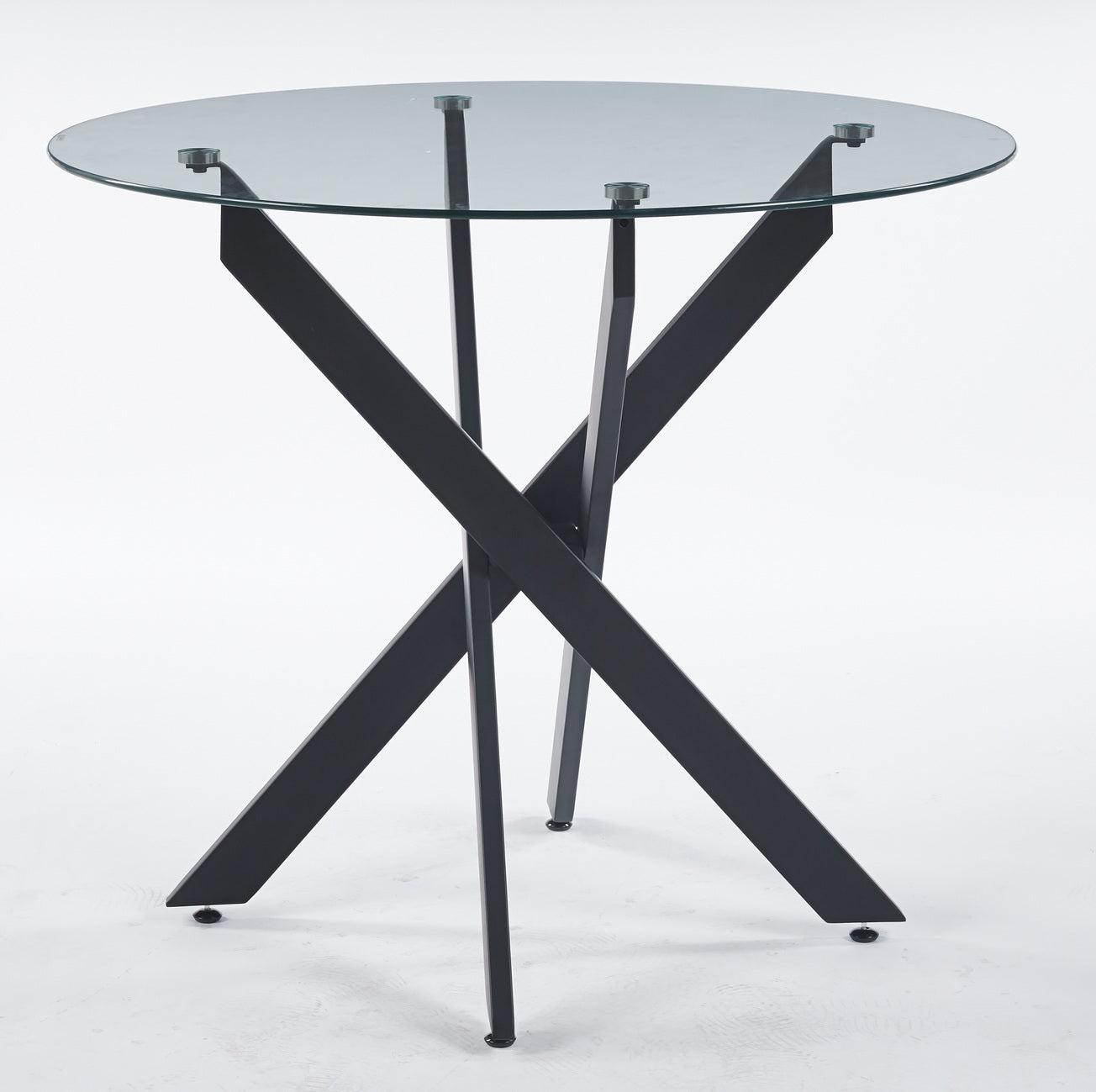Round glass top cafe table with black metal Xbase