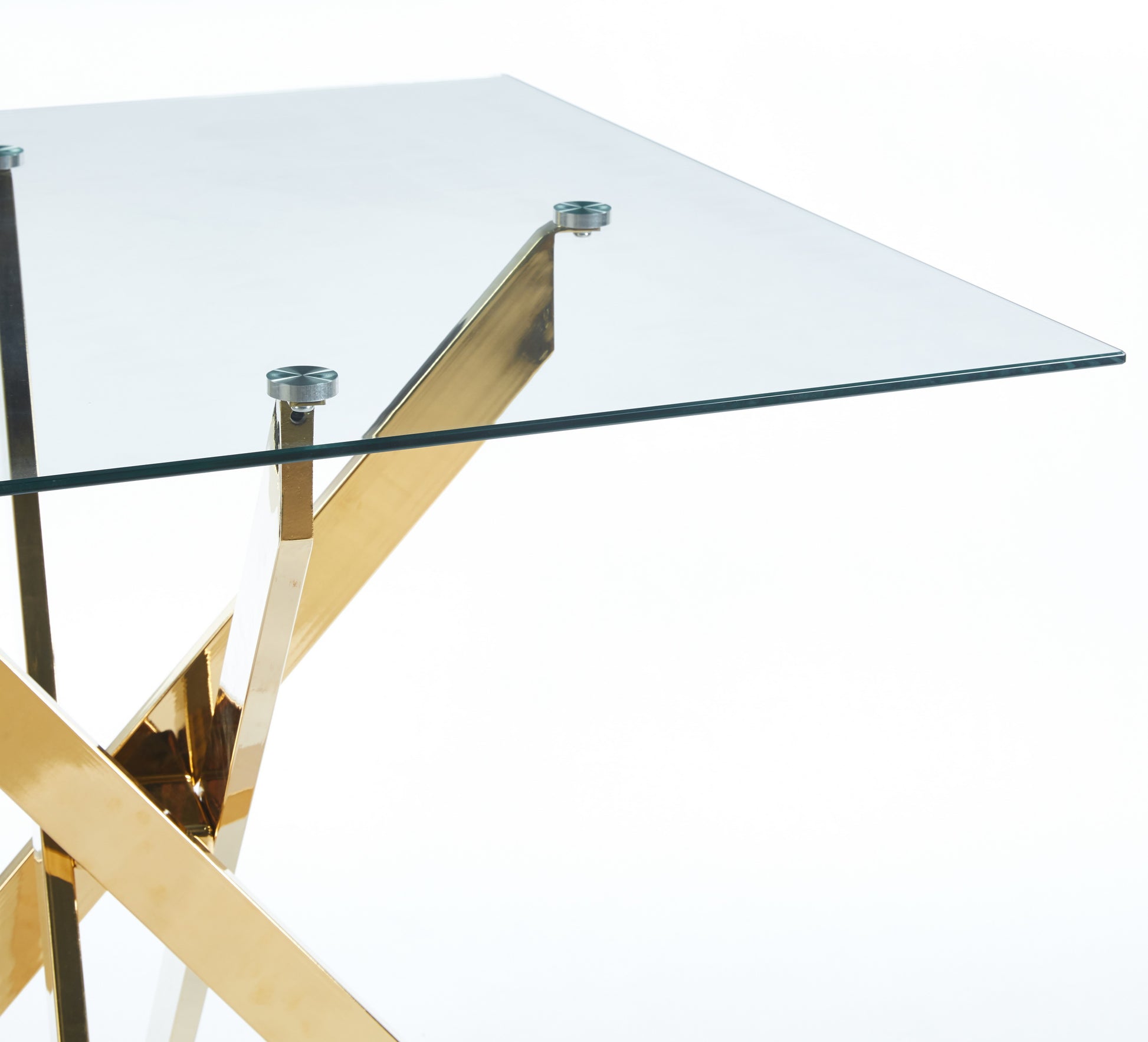 Modern glass end table with a polished gold geometric base