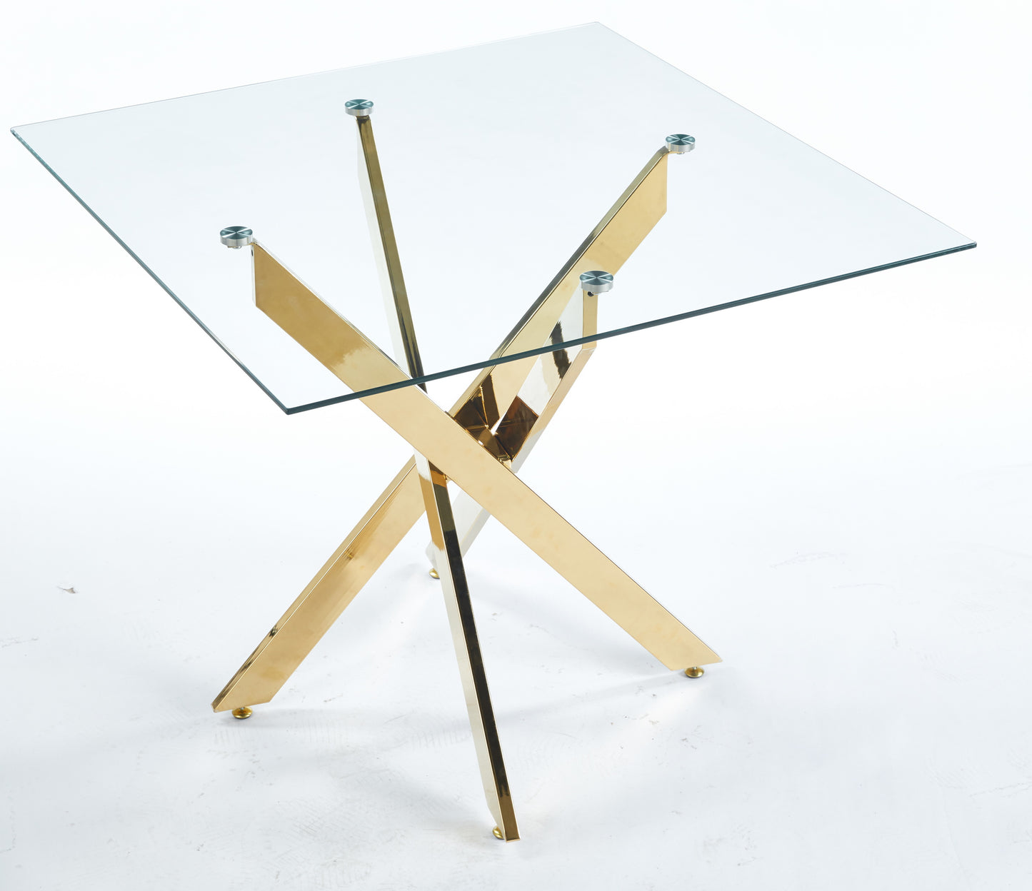 Square glass top table with gold Xshaped pedestal base