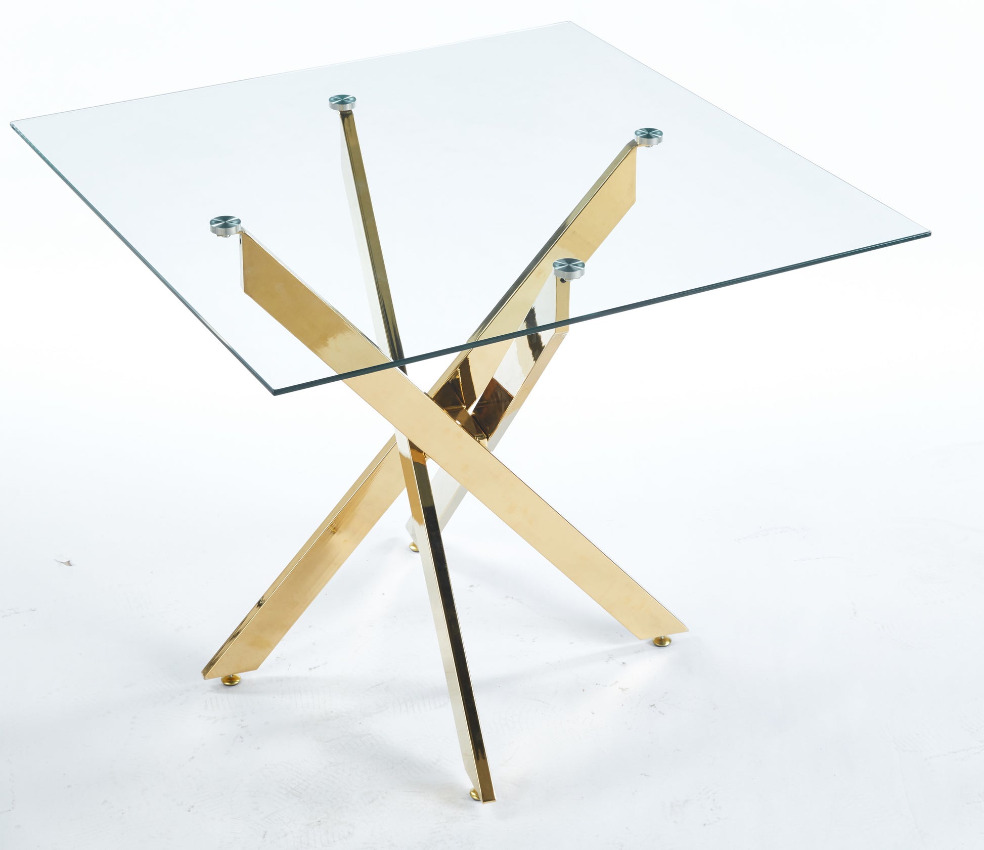 Square glass top table with gold Xshaped pedestal base