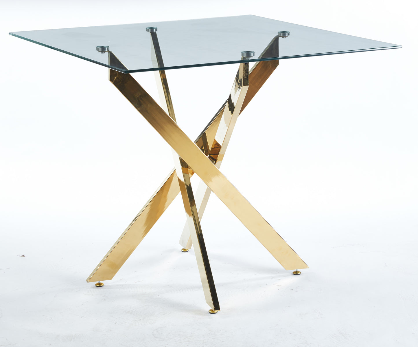 Modern glass end table with intersecting gold metal base