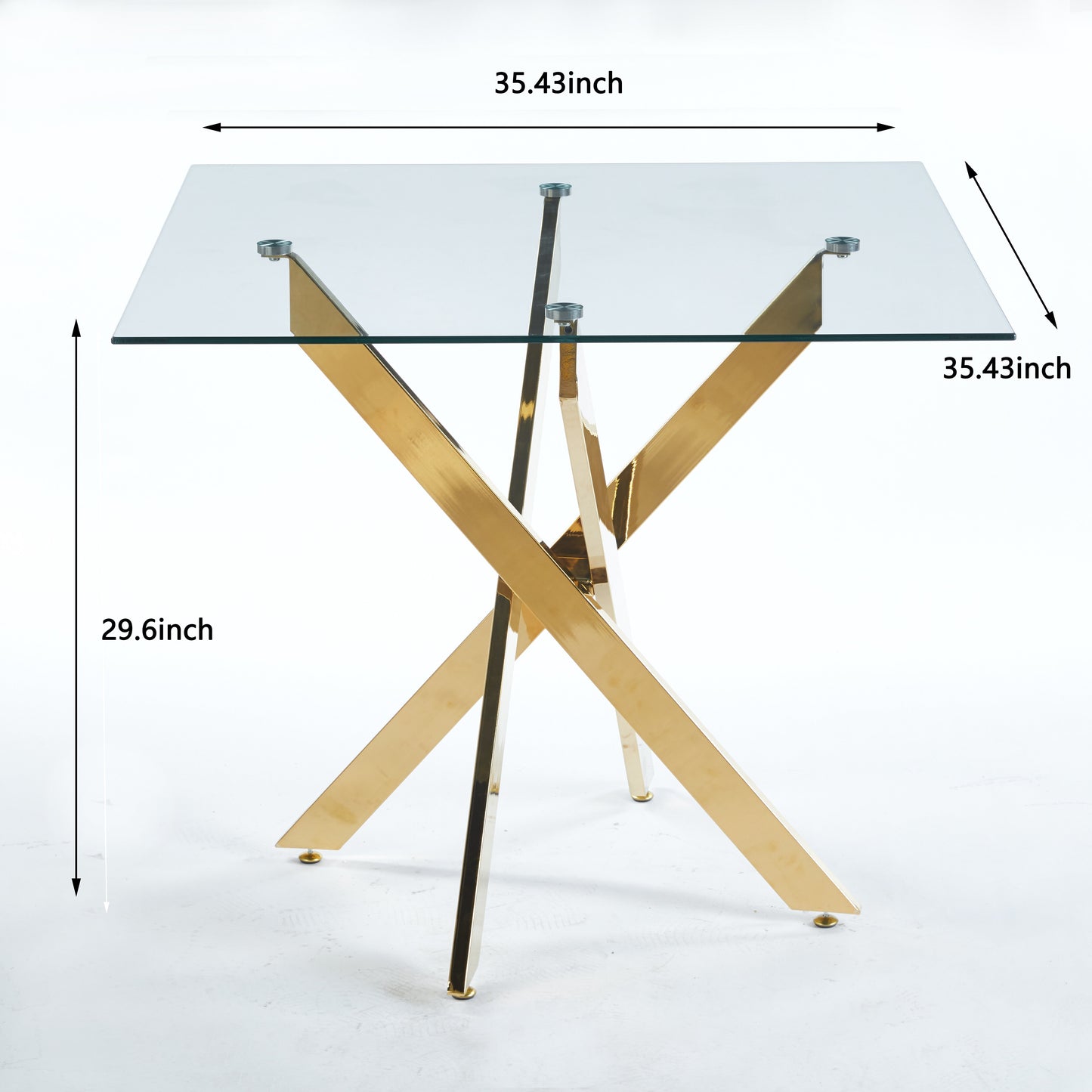 Square glass dining table with gold Xshaped pedestal base
