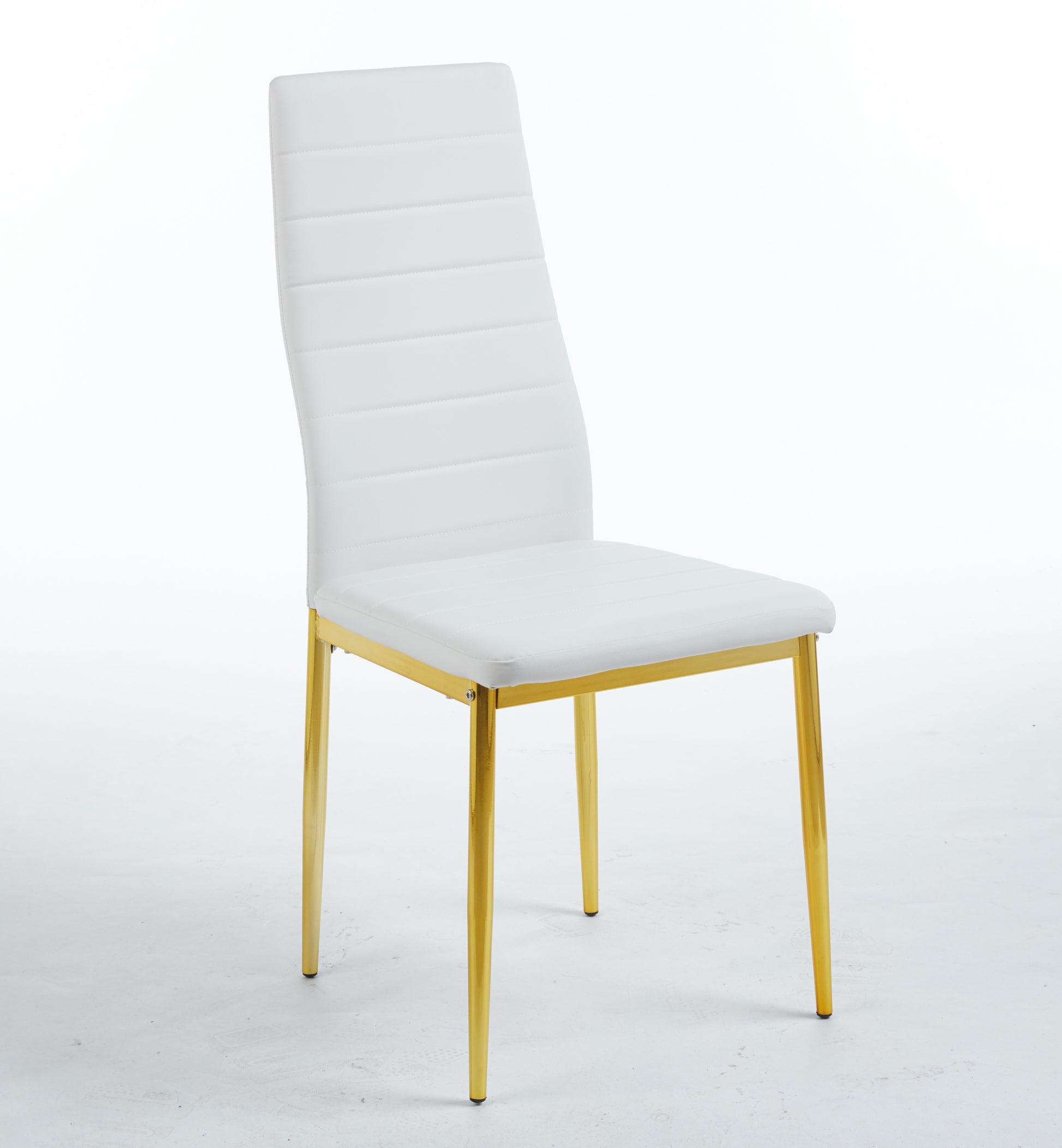 White upholstered dining chair with horizontal stitching and gold metal legs