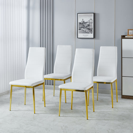 White upholstered dining chair with gold metal legs