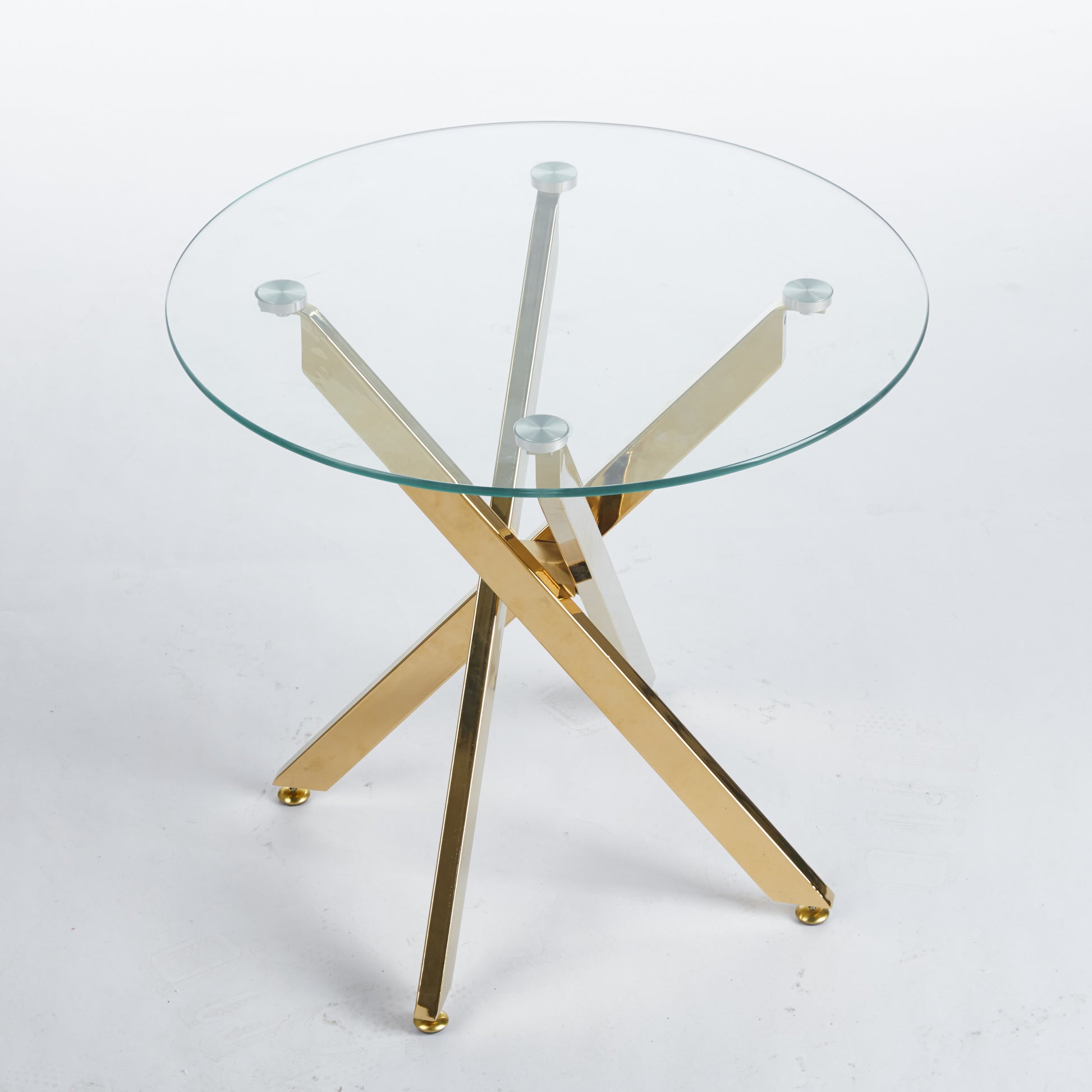 Round glass top coffee table with gold metal base