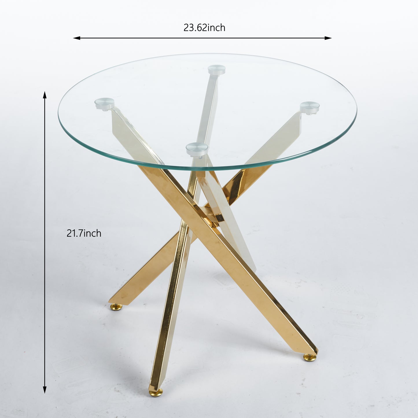 Round glass top end table with gold metal crisscross legs