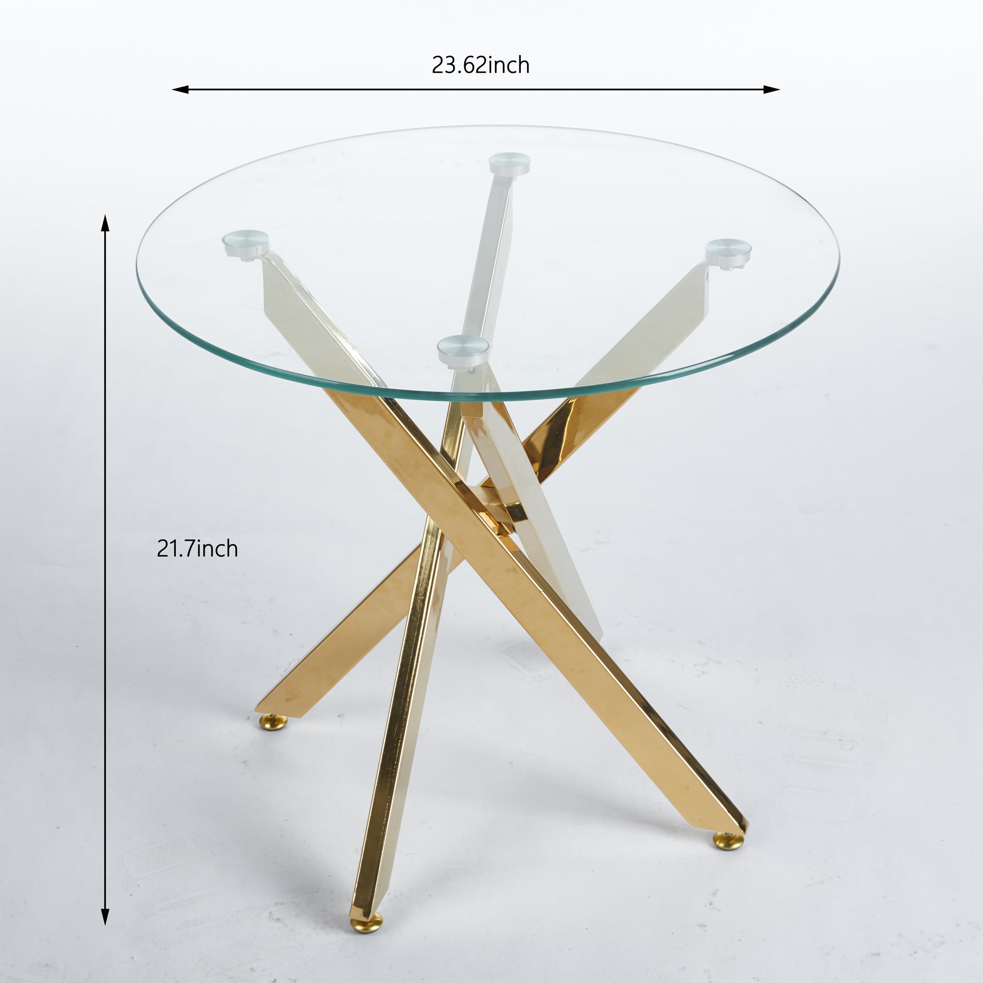 Round glass top end table with gold metal crisscross legs