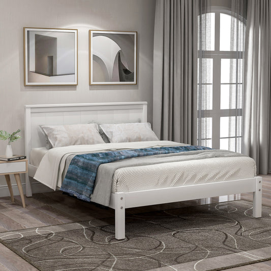White wooden platform bed frame with a panel headboard