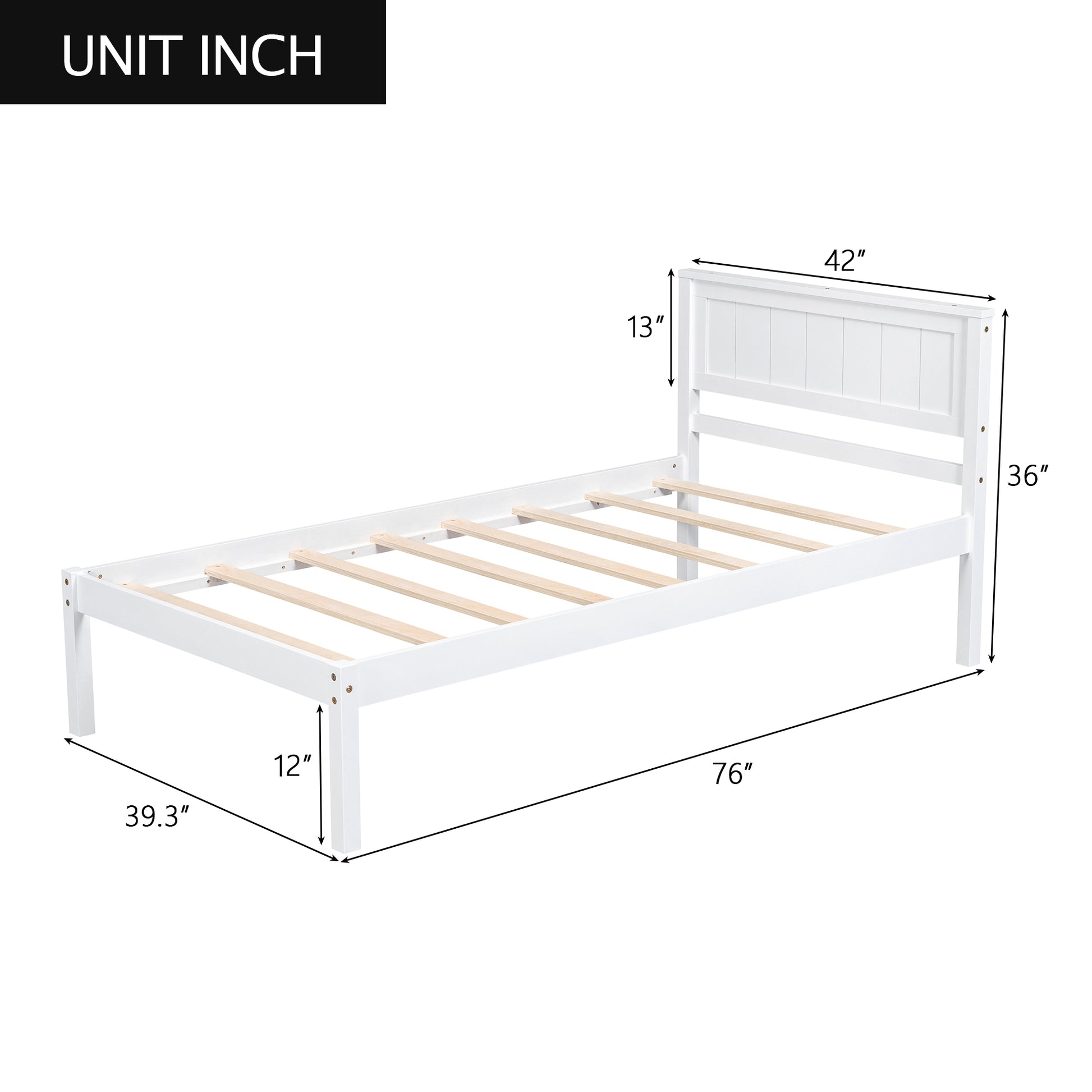 White twin bed frame with paneled headboard and slatted wood support