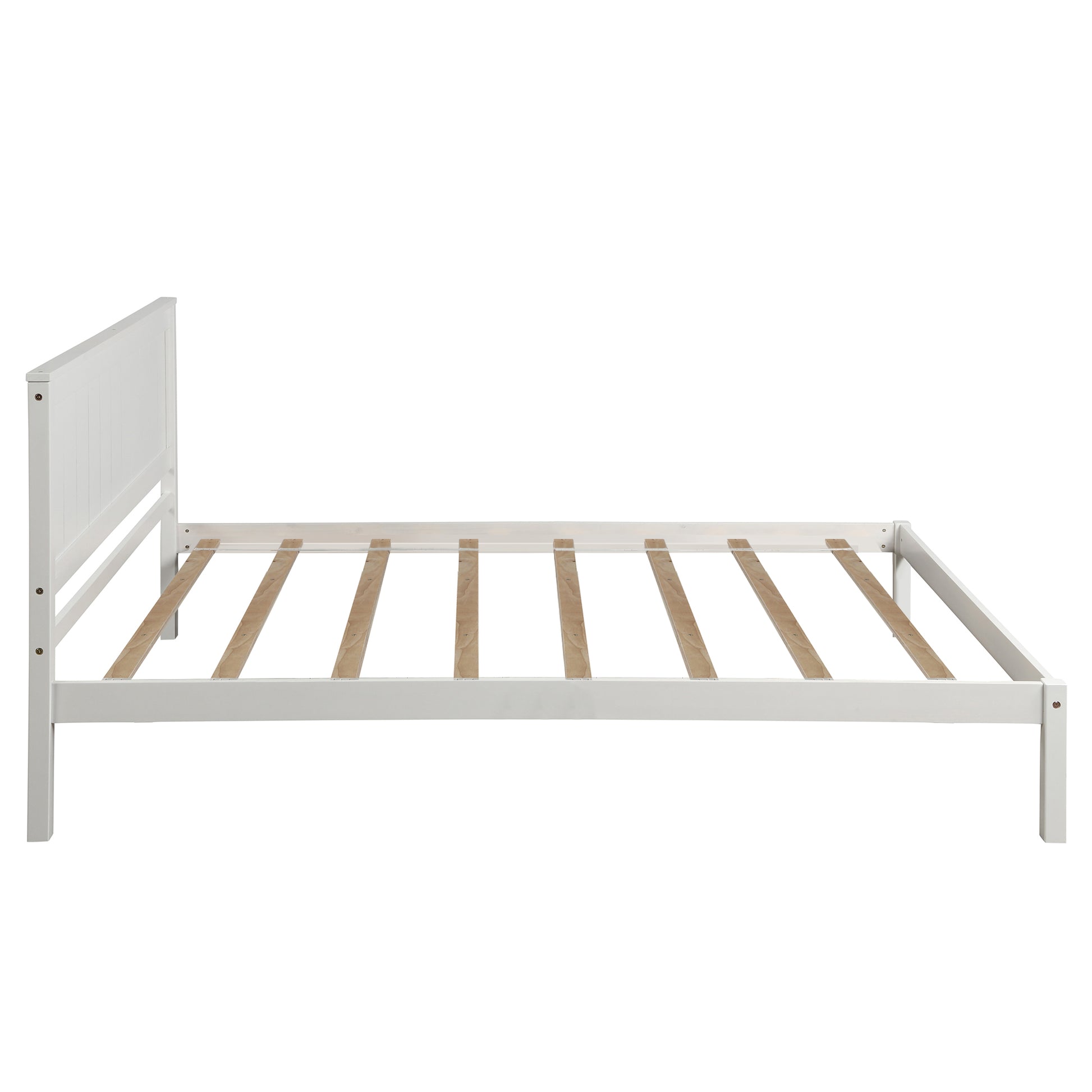 White wooden twin bed frame with slatted base