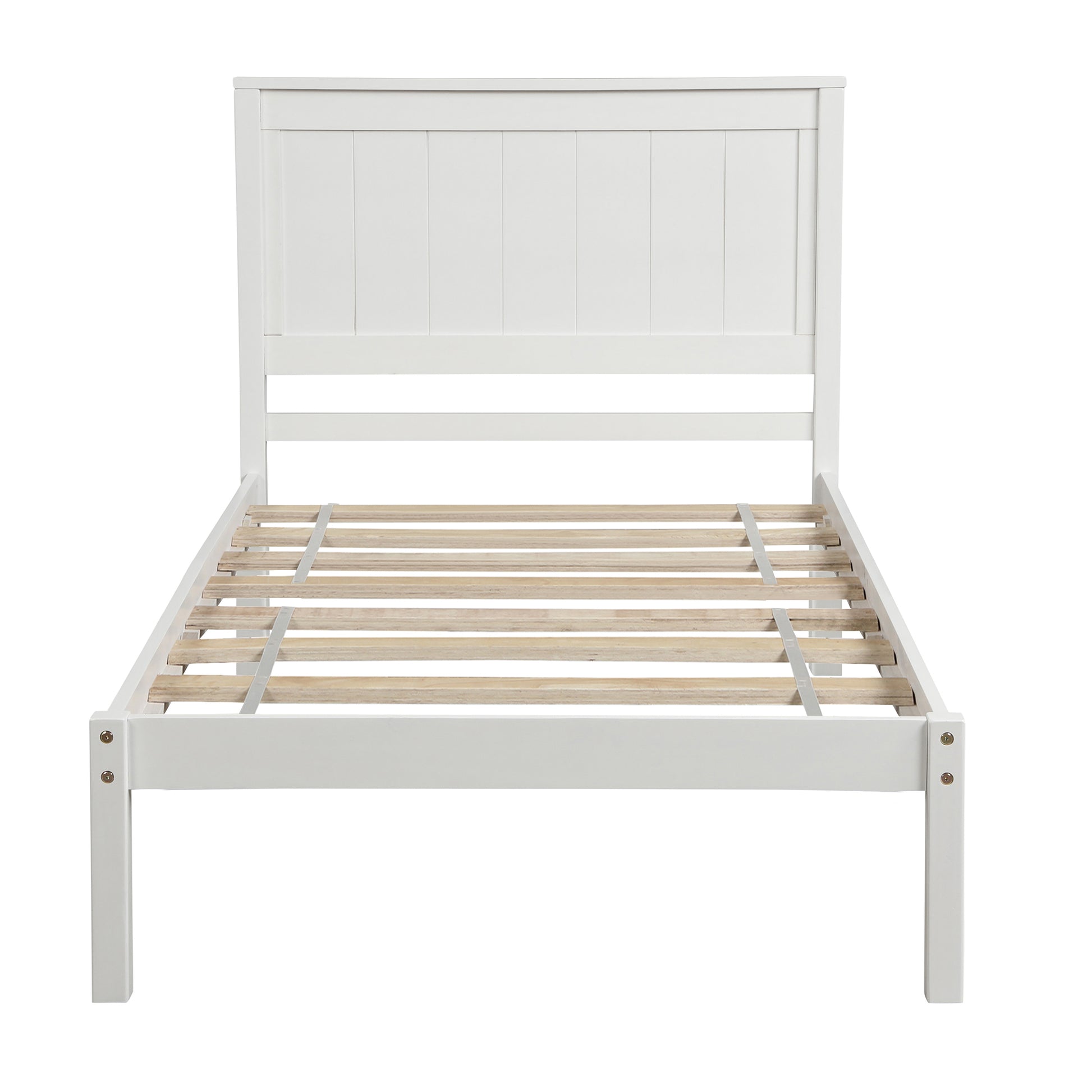 White wooden twin bed frame with paneled headboard and slatted base