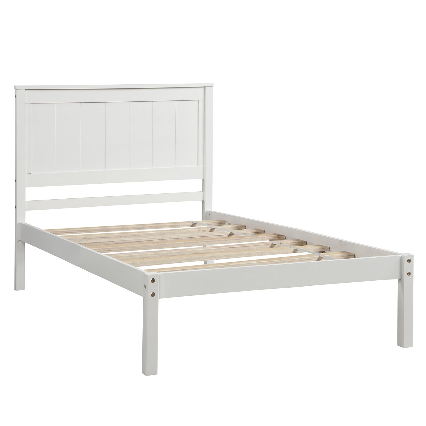 White wooden twin bed frame with slatted base