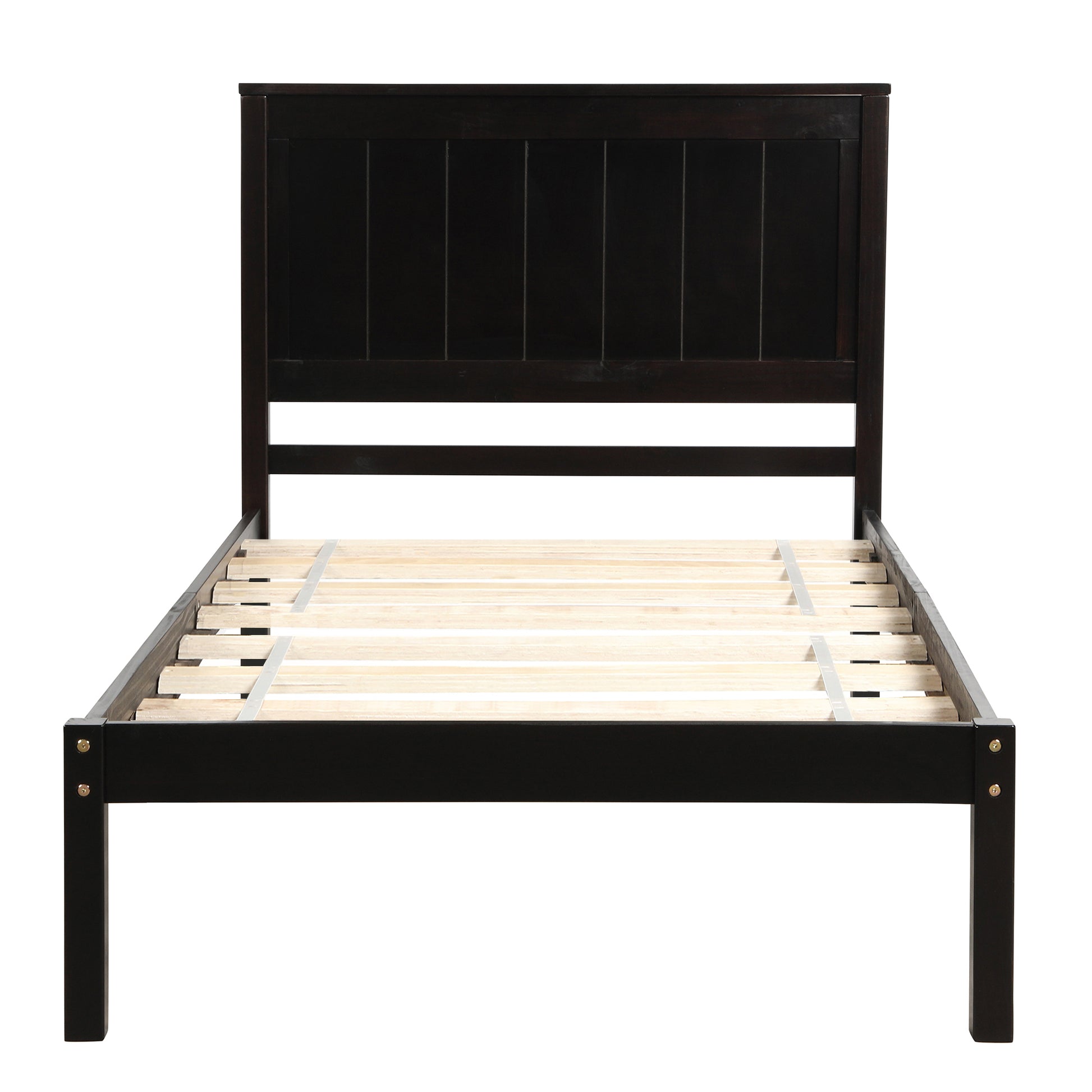 Dark wood platform bed frame with slatted support