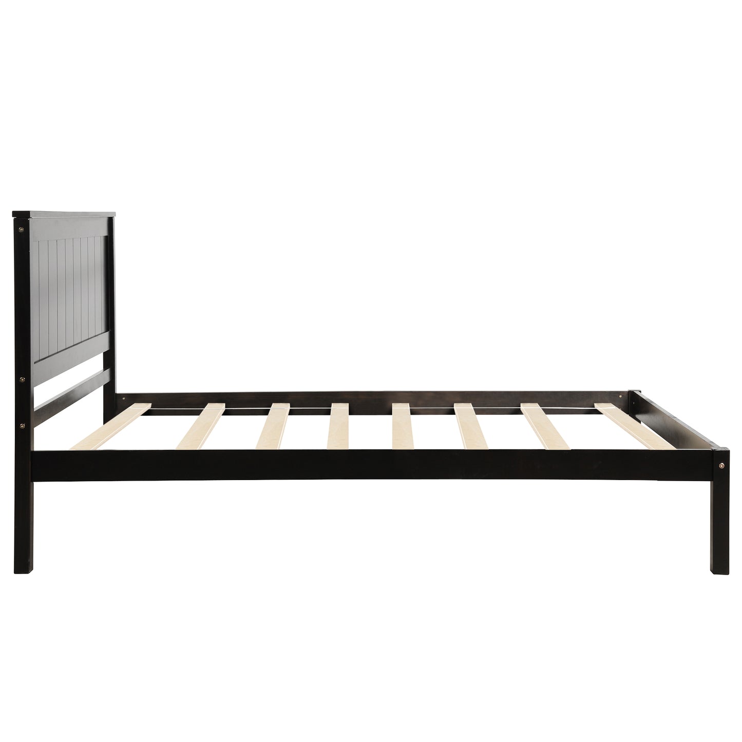 Black wooden bed frame with slatted base and paneled headboard