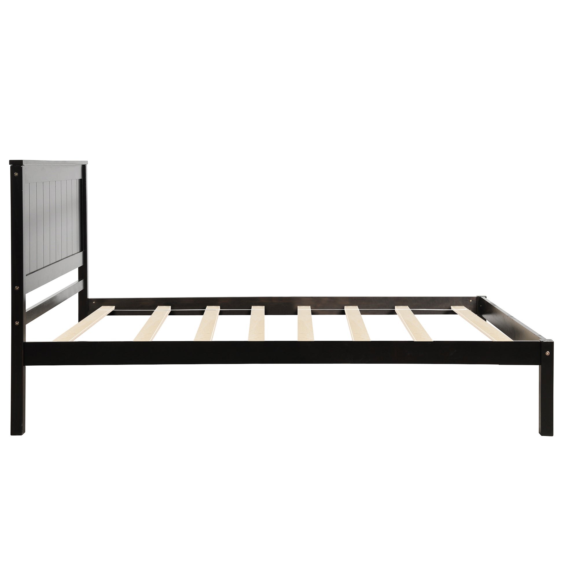 Black wooden bed frame with slatted base and paneled headboard