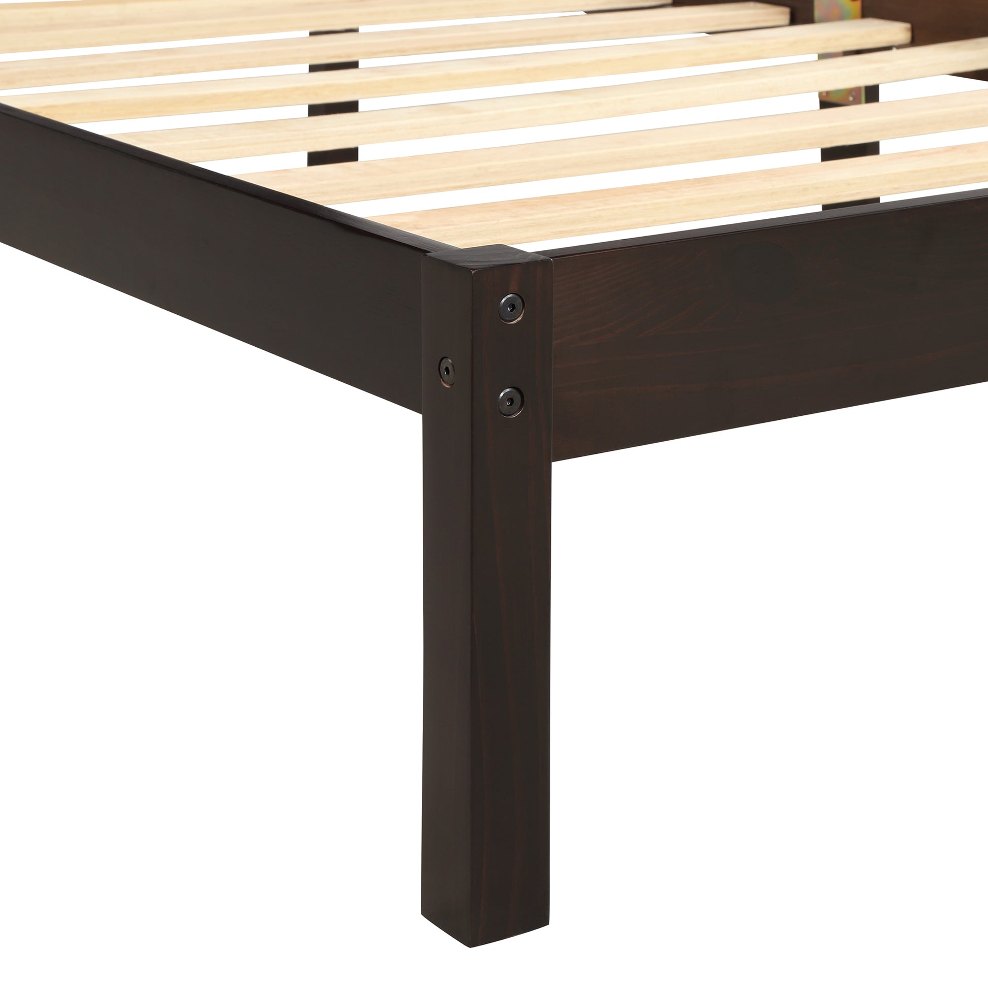Dark brown wooden bed frame with slatted base detail