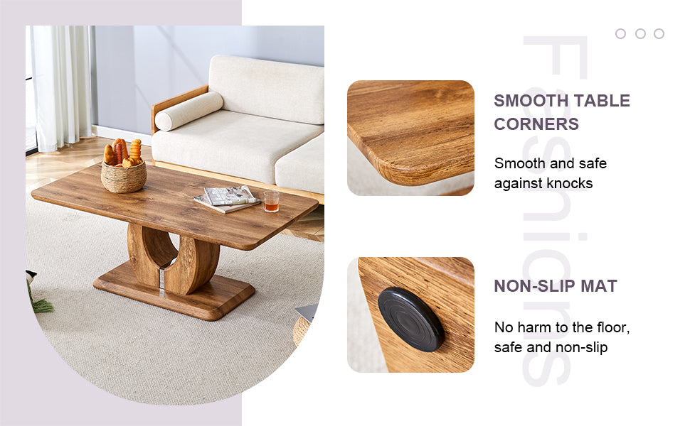 Wooden coffee table with textured wood grain finish and a modern pedestal base