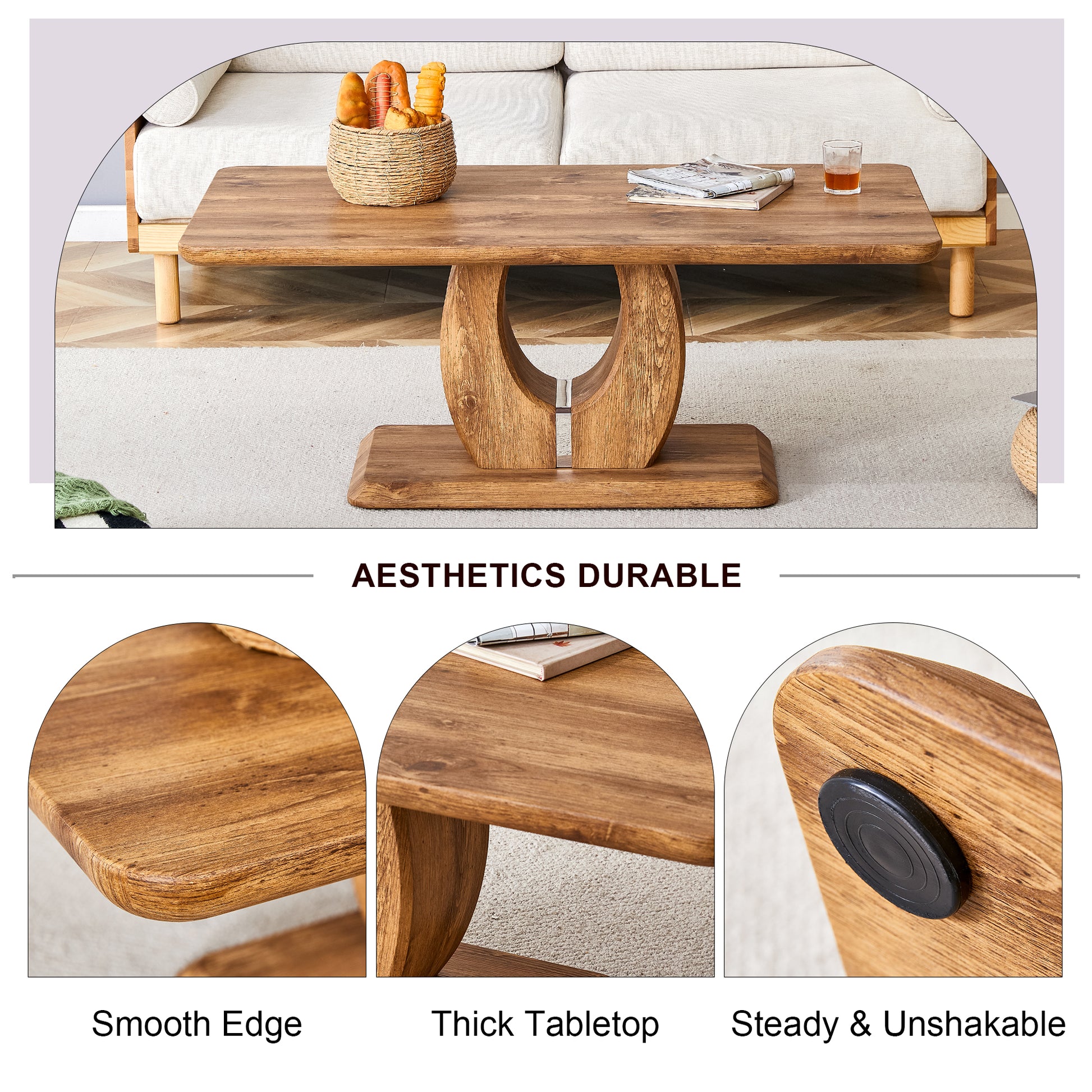 Rustic oak wood coffee table with a curved pedestal base set in a modern living room