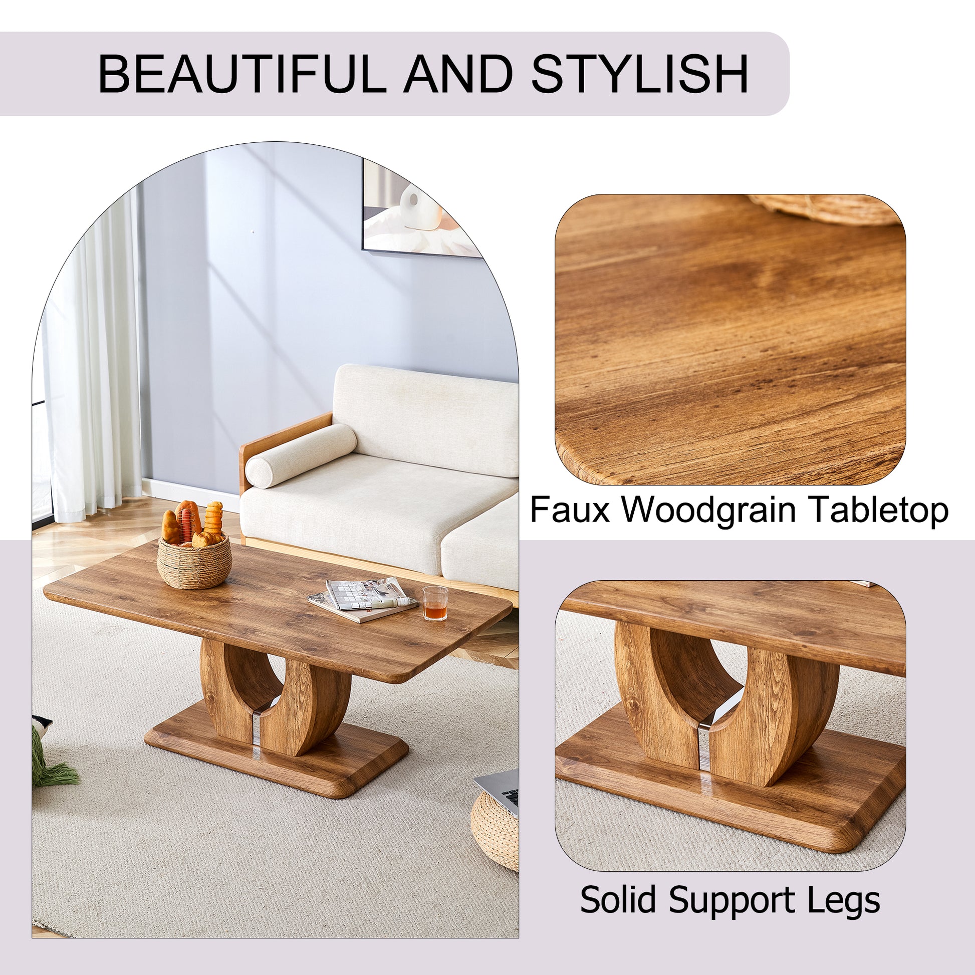 Modern coffee table with faux woodgrain tabletop