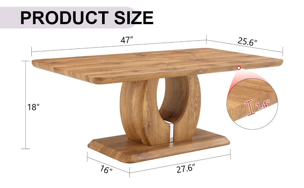 Wooden coffee table with curved pedestal base and oak finish