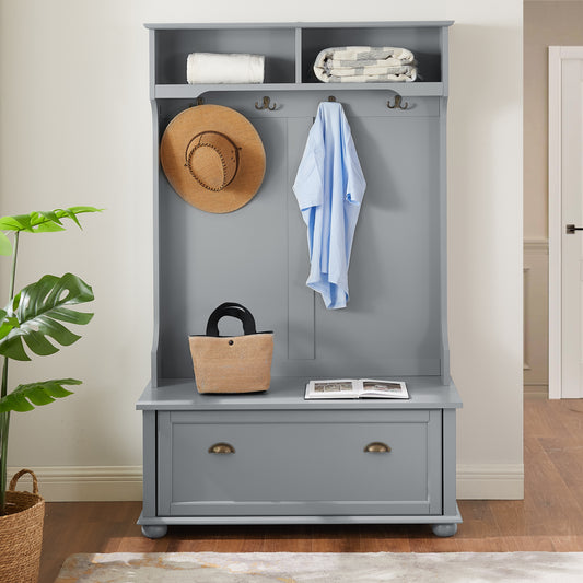 Gray entryway hall tree with storage bench and hooks