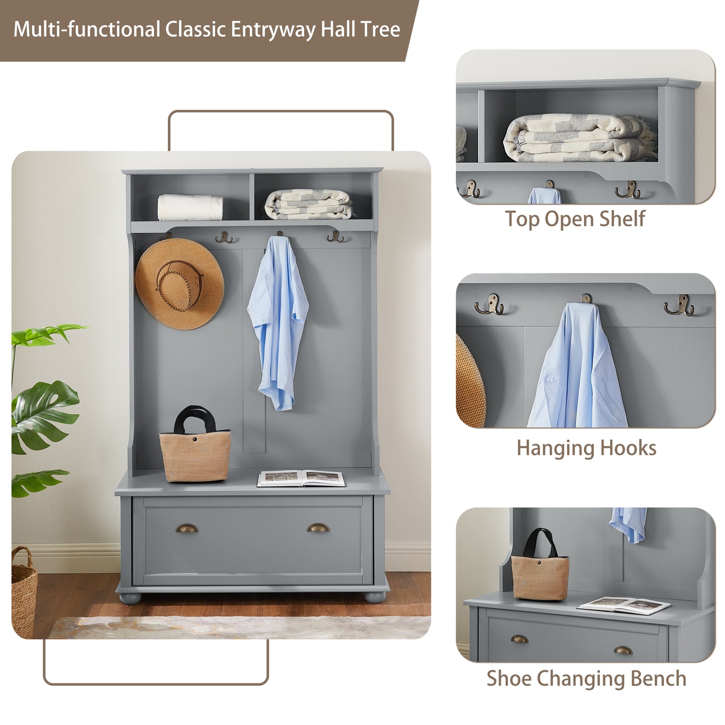 Grey multifunctional entryway hall tree with storage bench and hooks