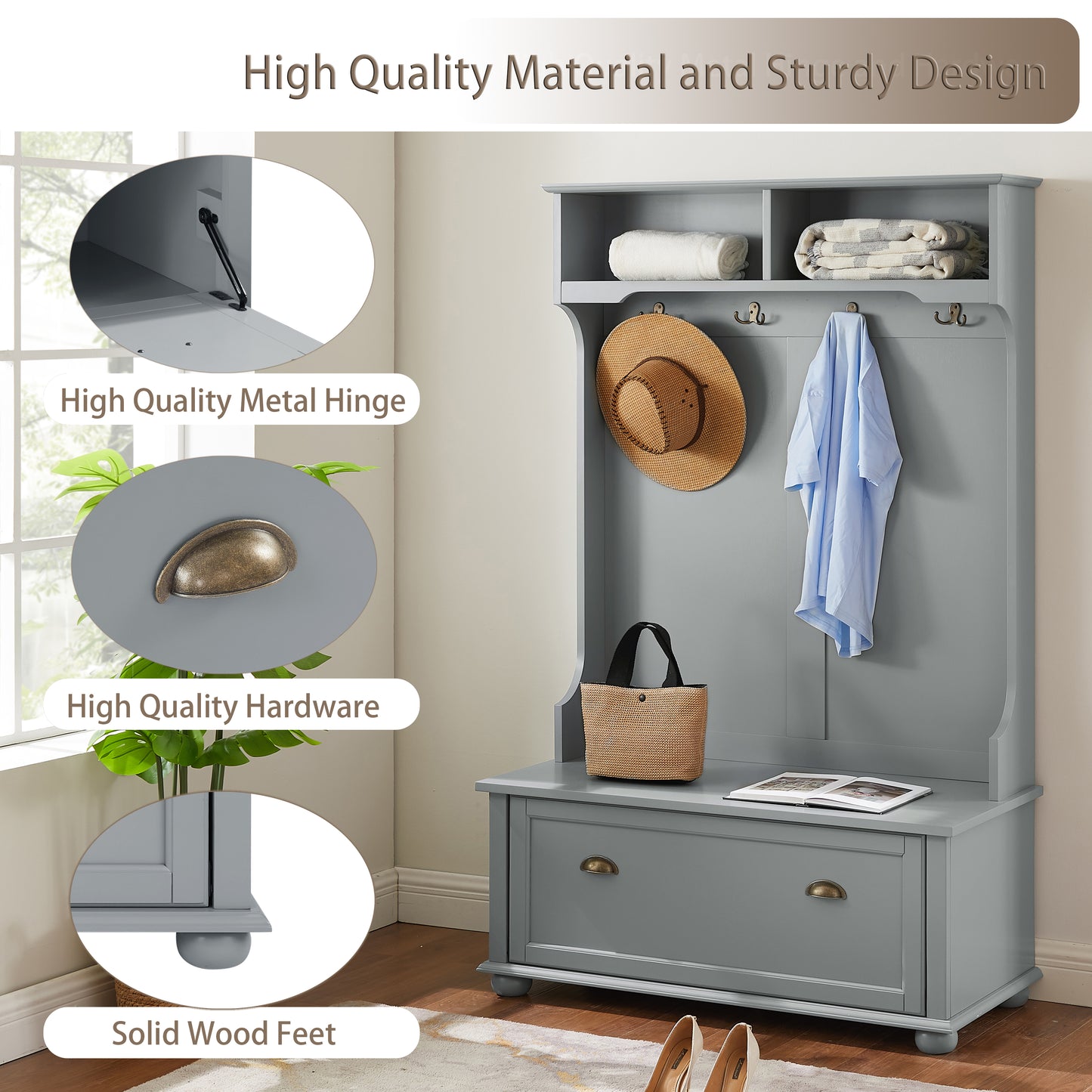 Gray entryway hall tree with storage bench featuring metal hinges