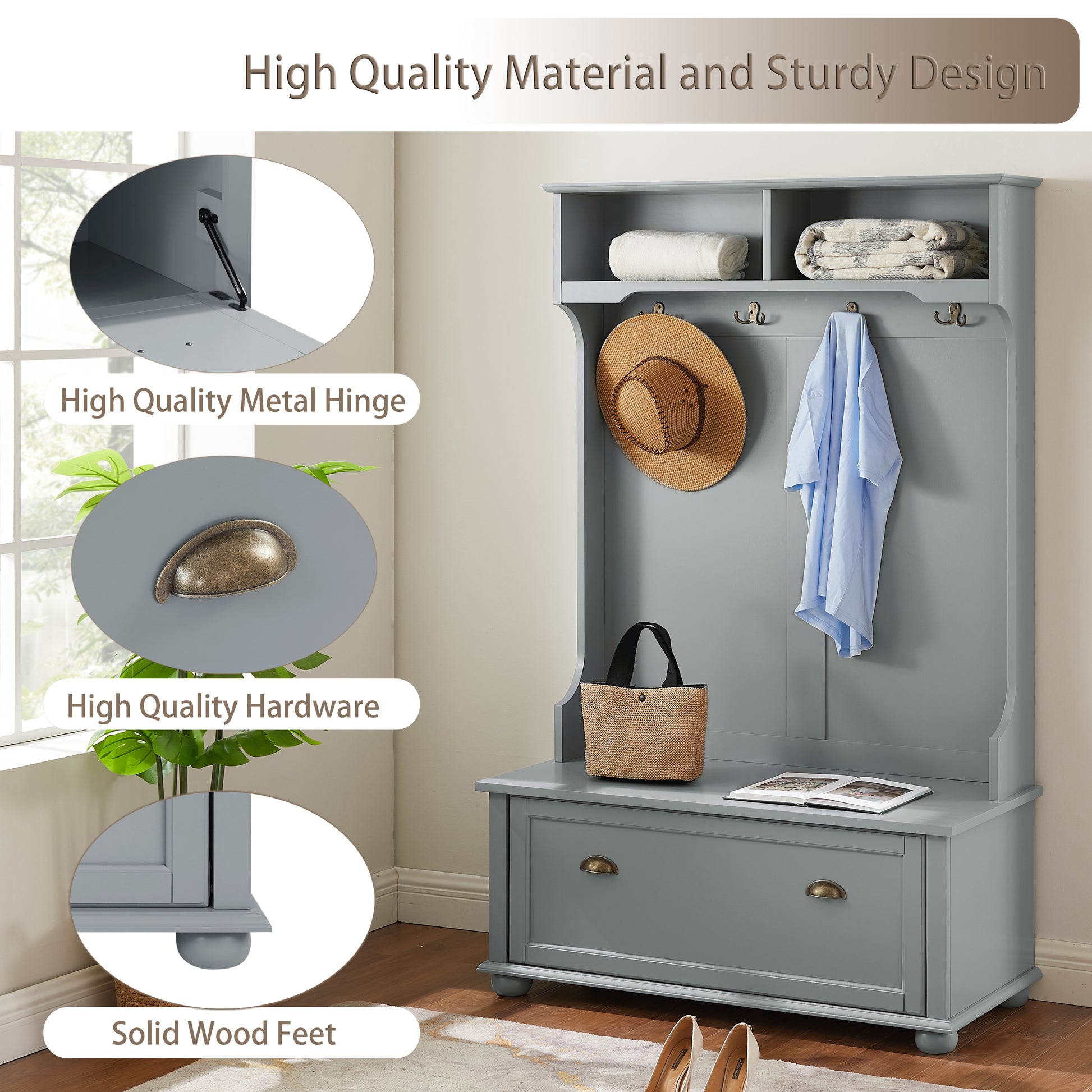 Gray entryway hall tree with storage bench featuring metal hinges