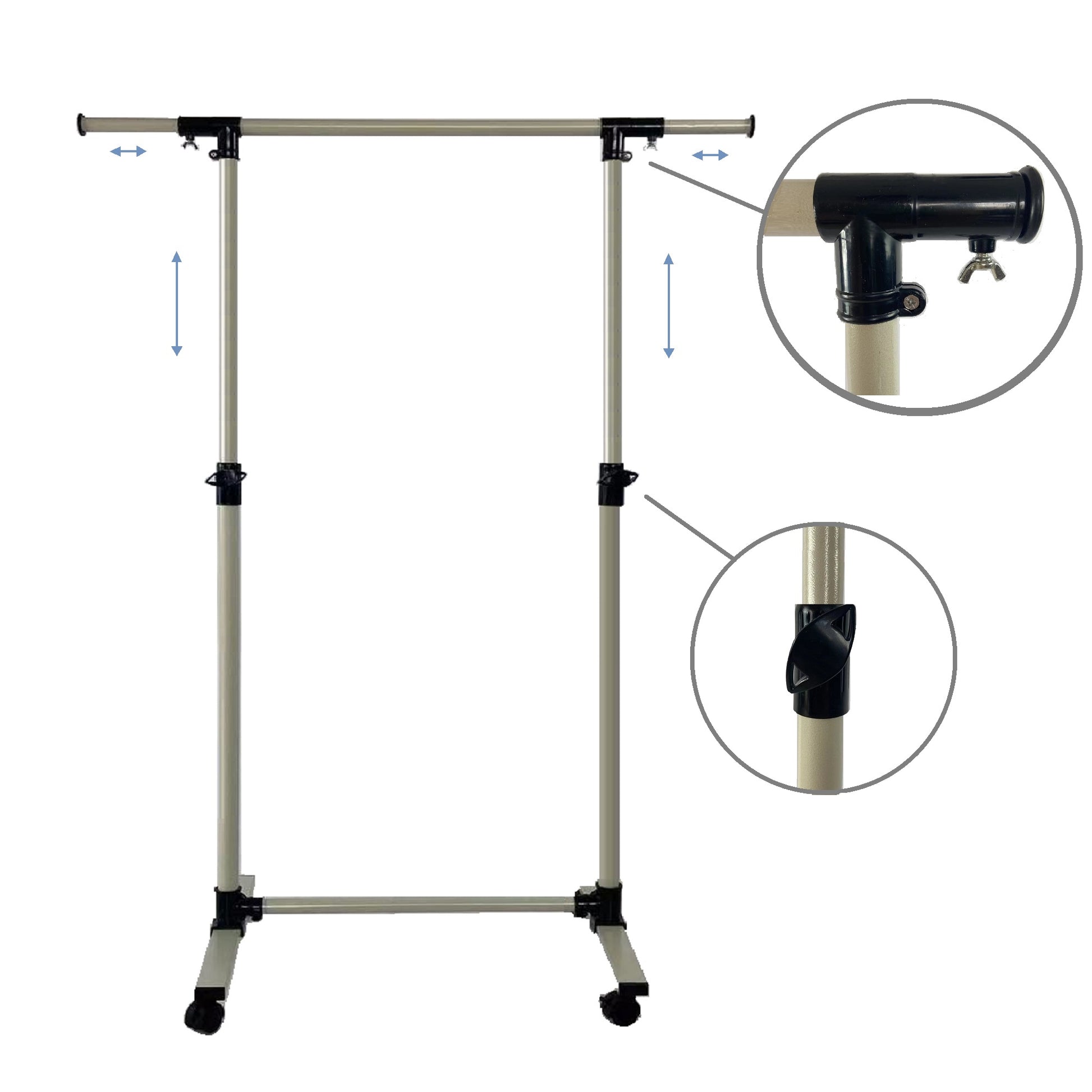 Adjustable garment rack with wheels and extendable bar
