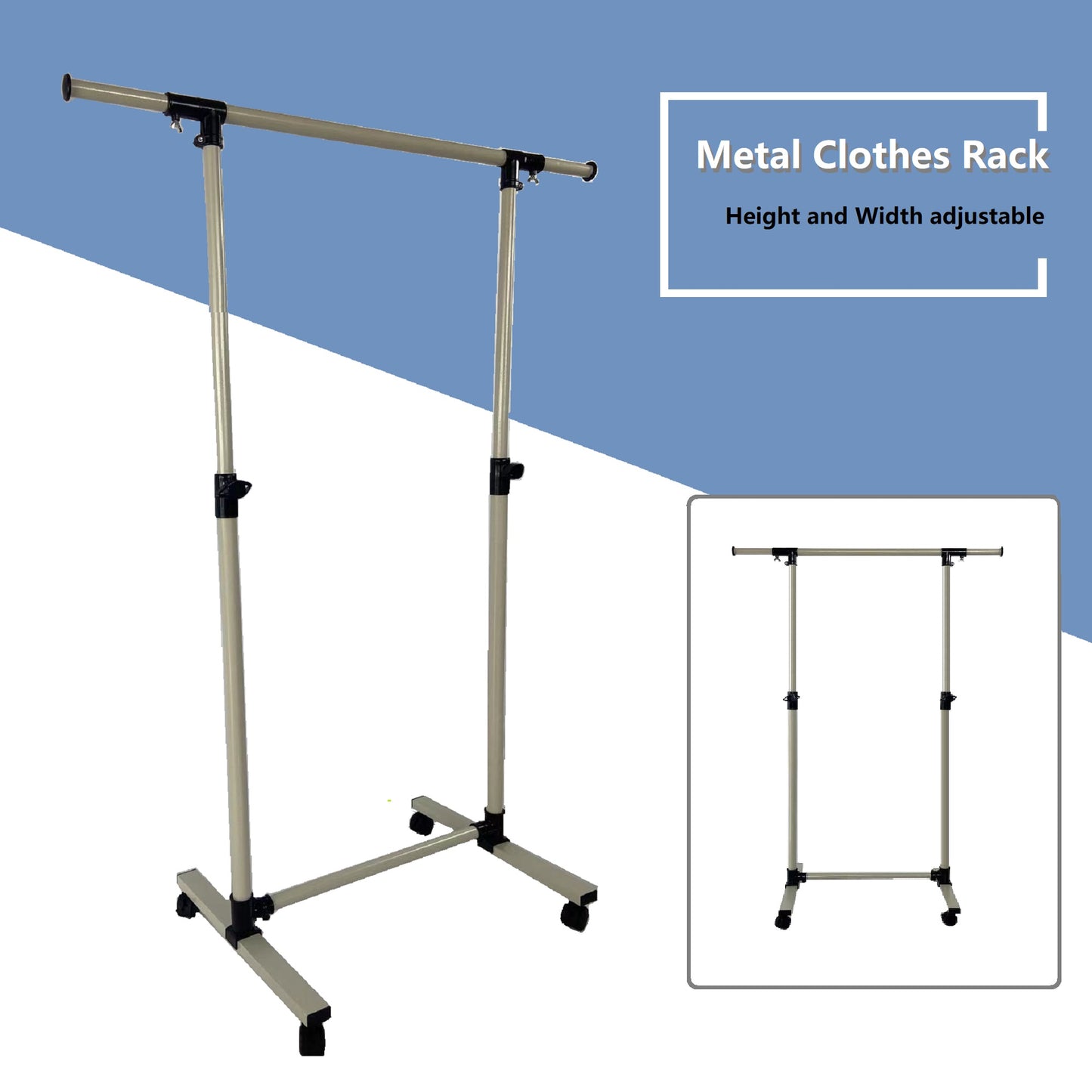 Adjustable metal clothes rack with wheels for easy movement and storage