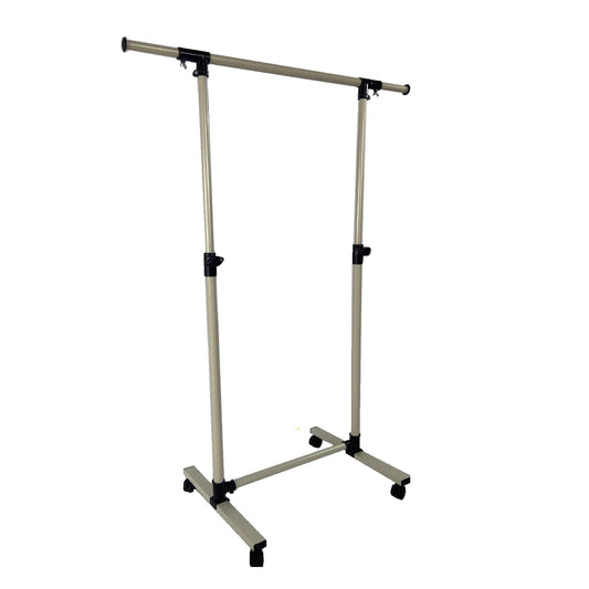 Adjustable height garment rack with sturdy base and wheels
