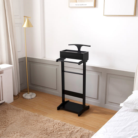 Black valet stand with garment rack and tray