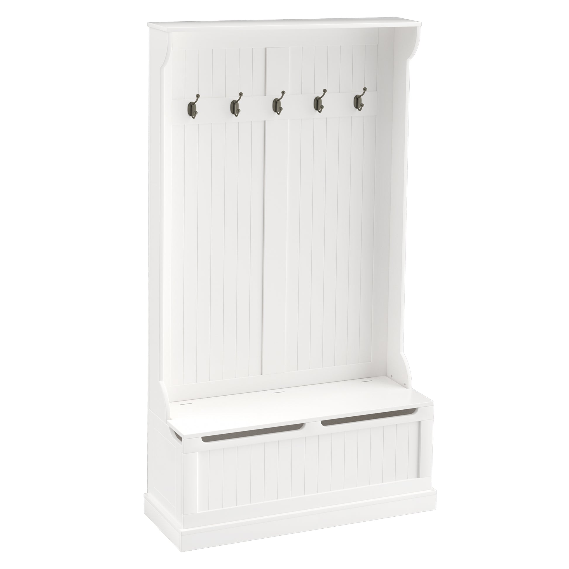 White hall tree with five coat hooks and bench storage