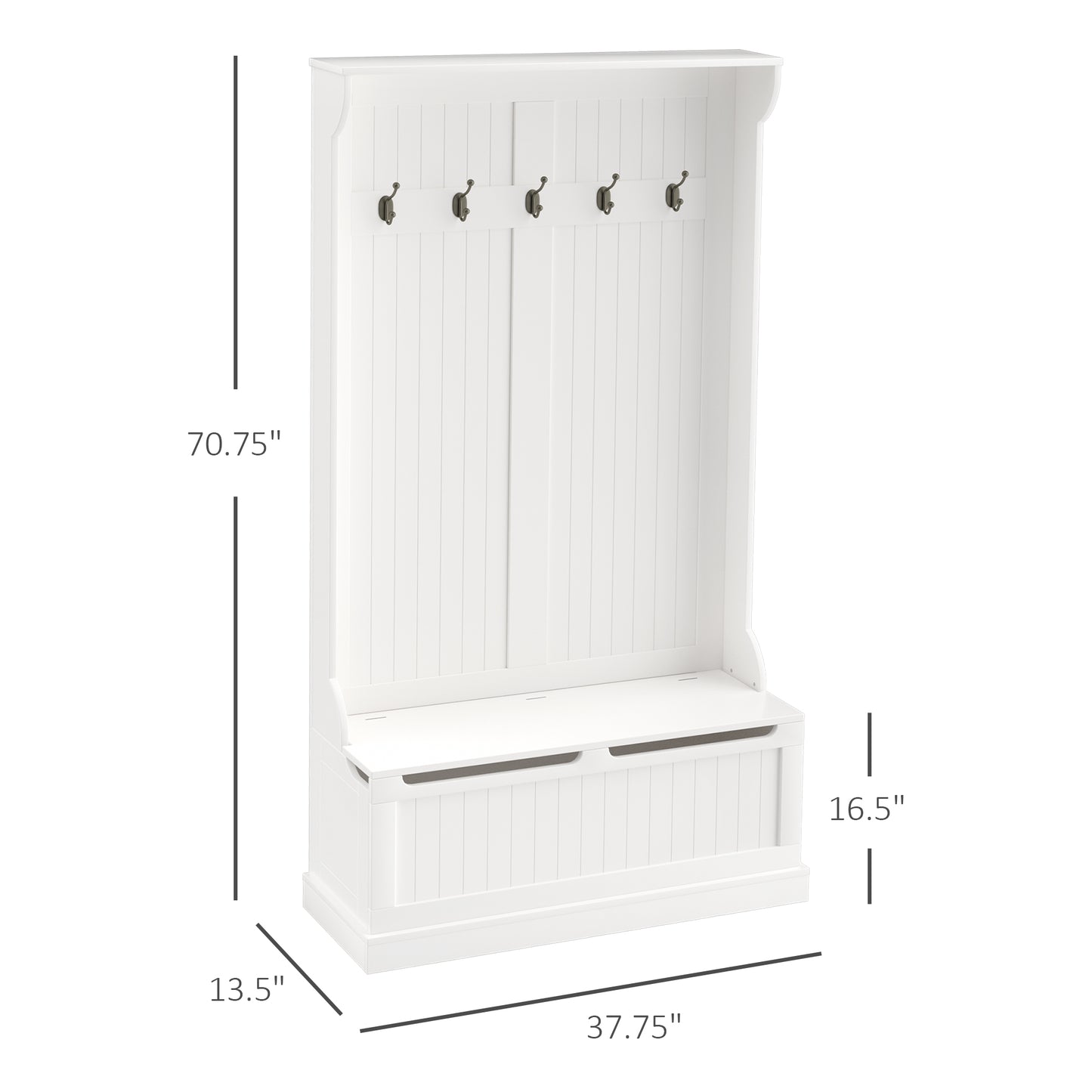 White entryway hall tree with five metal coat hooks and storage bench