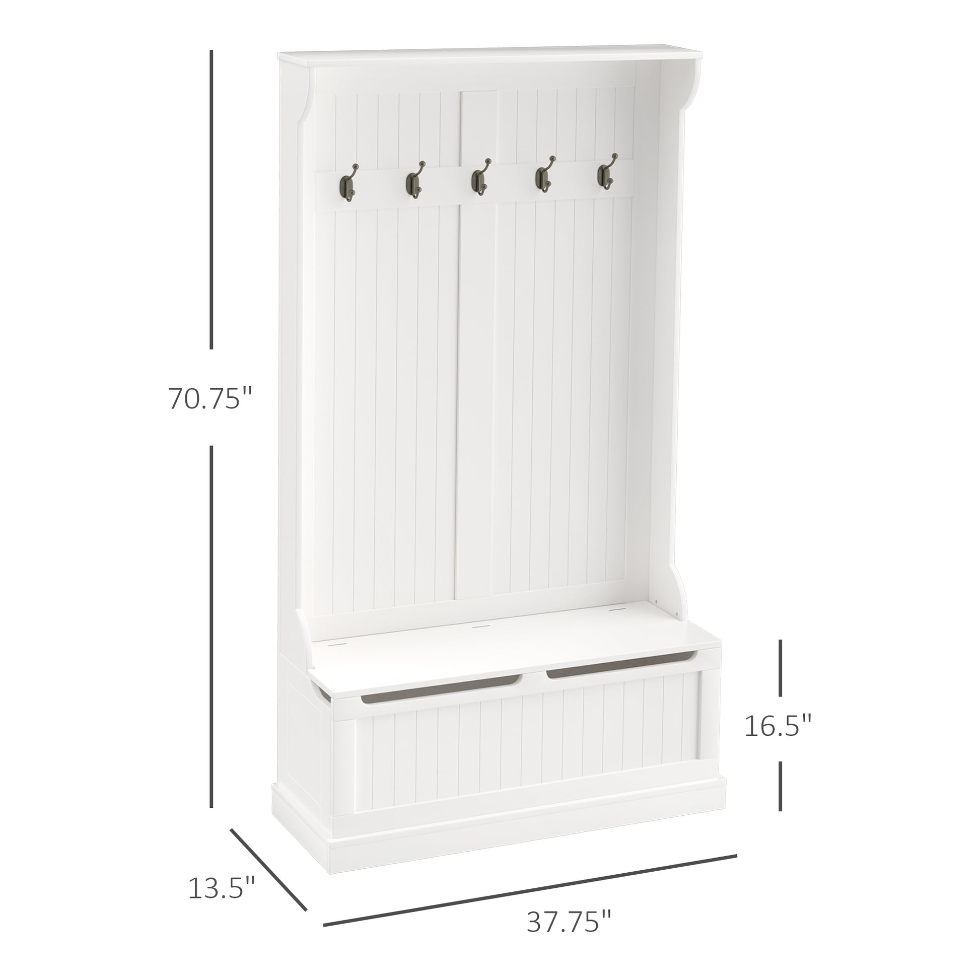 White entryway hall tree with five metal coat hooks and storage bench