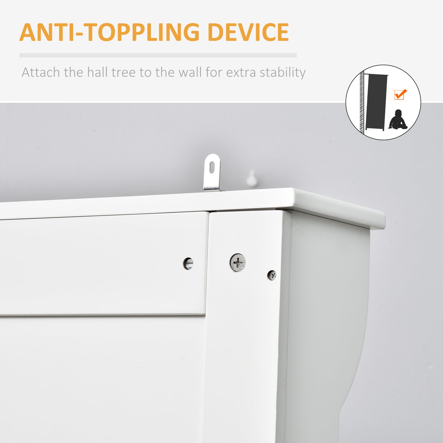 White antitoppling device bracket for secure furniture anchoring