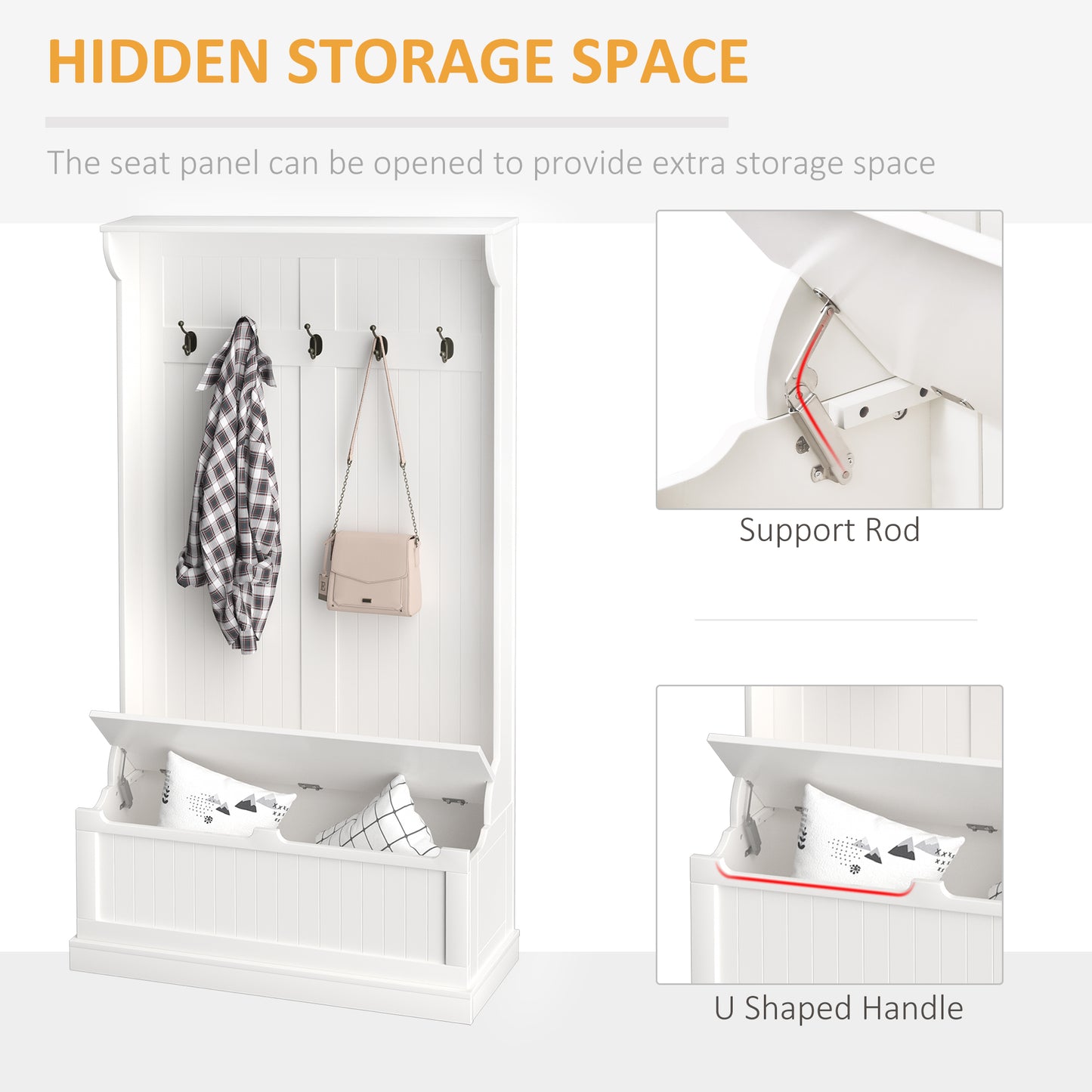 White hall tree entryway bench with coat hooks and hidden storage