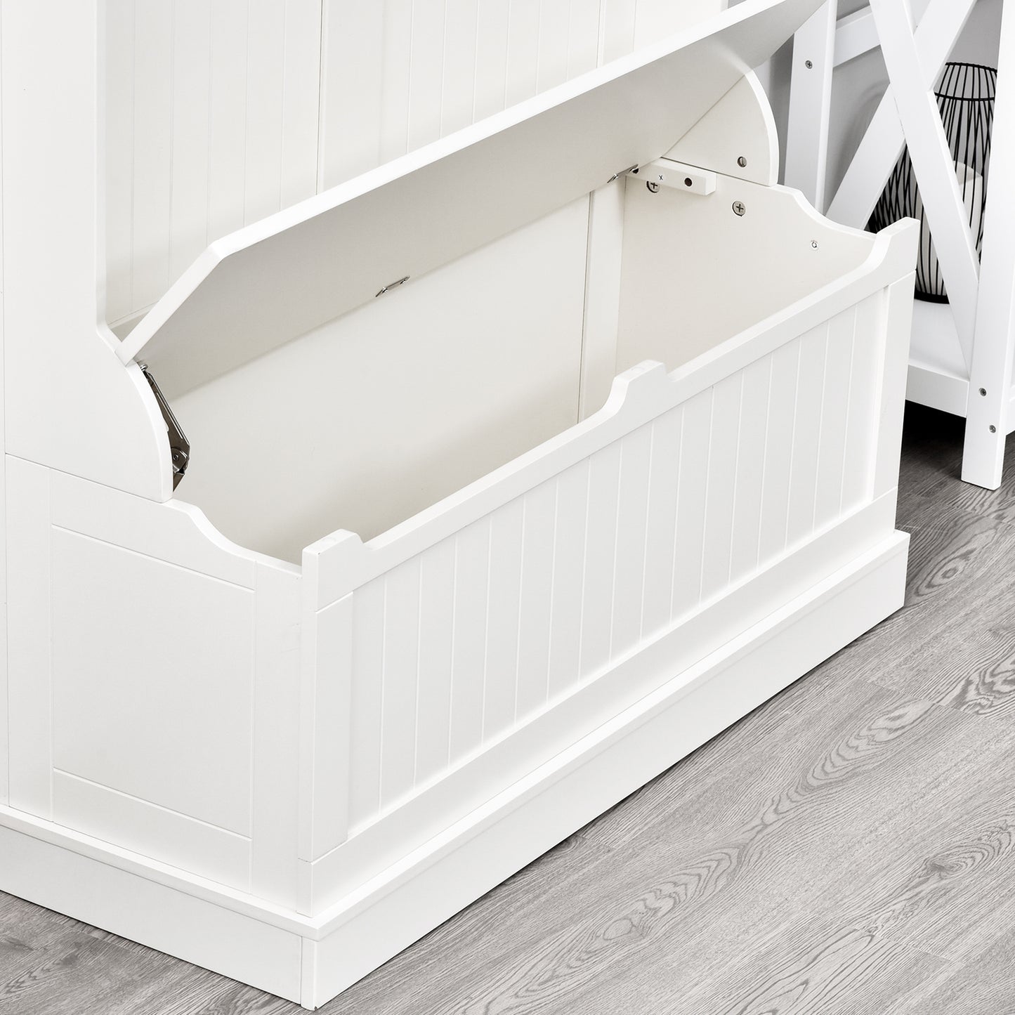 White wooden storage bench with lid open