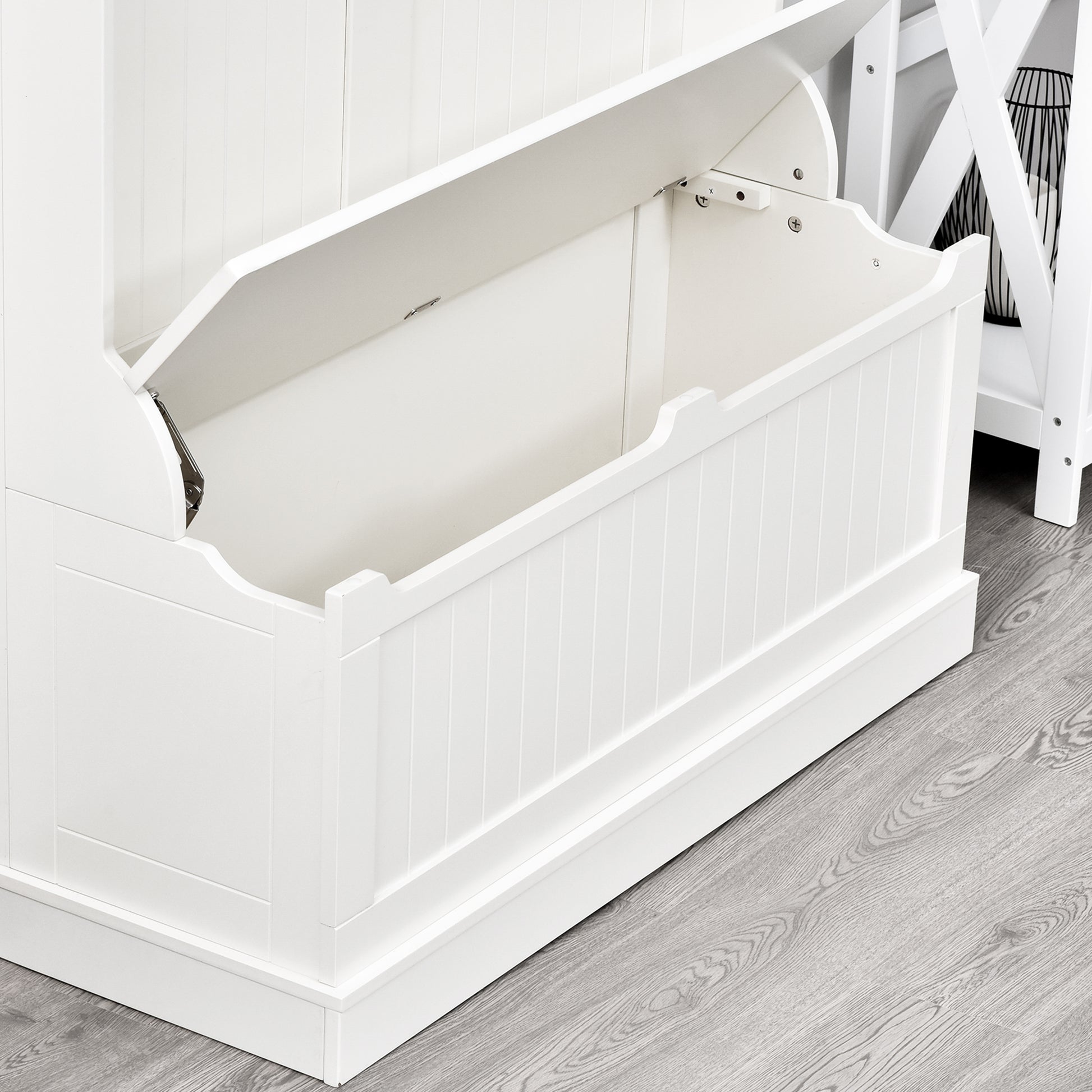 White wooden storage bench with lid open