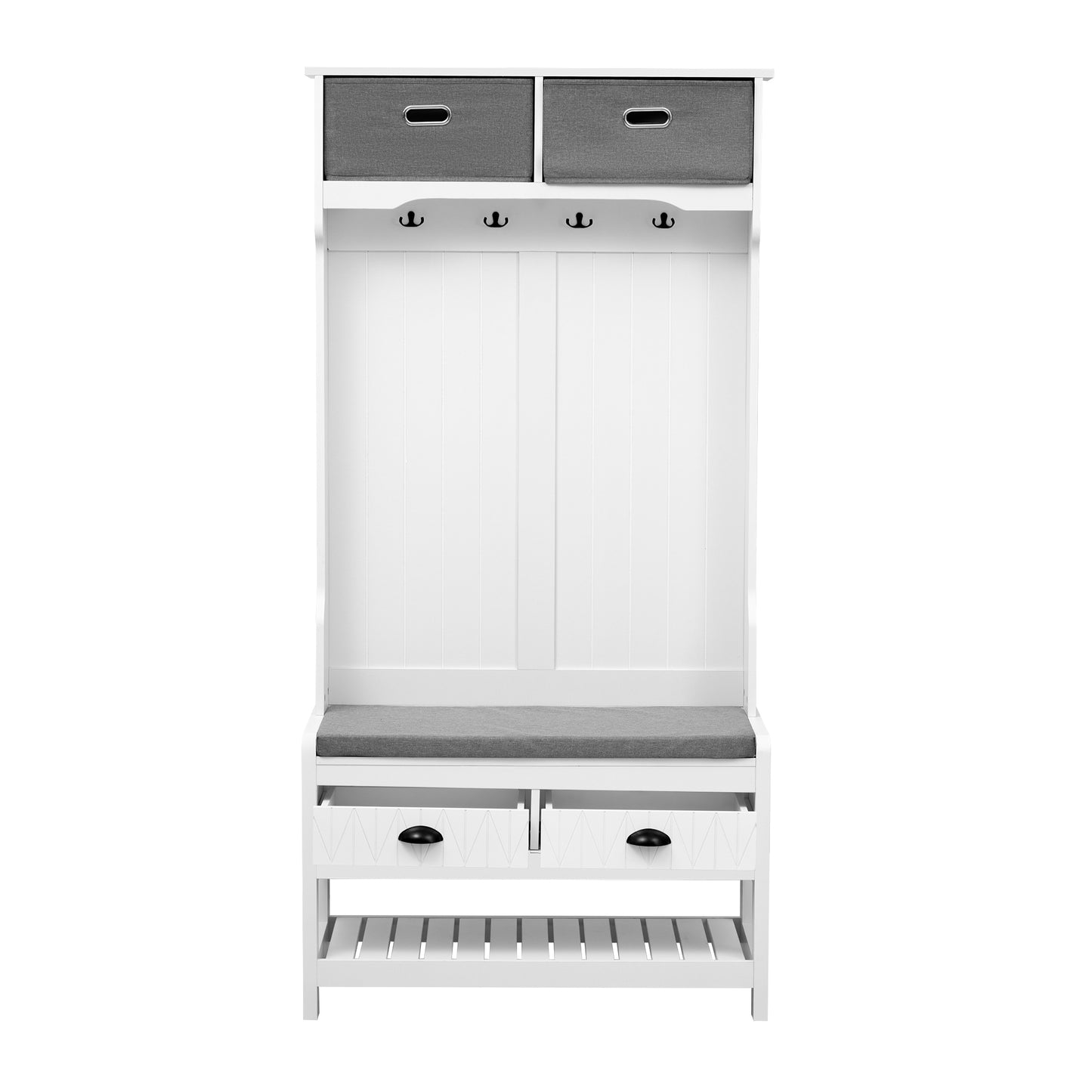 White hall tree with grey fabric bins and cushioned bench