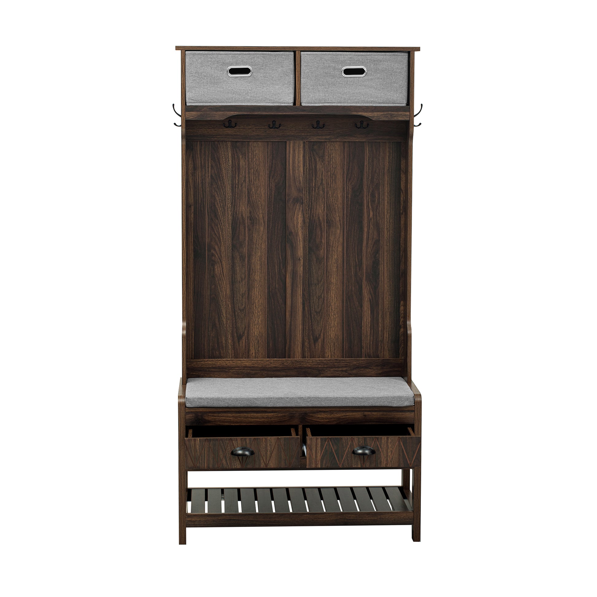 Dark brown wood hall tree with bench and storage drawers